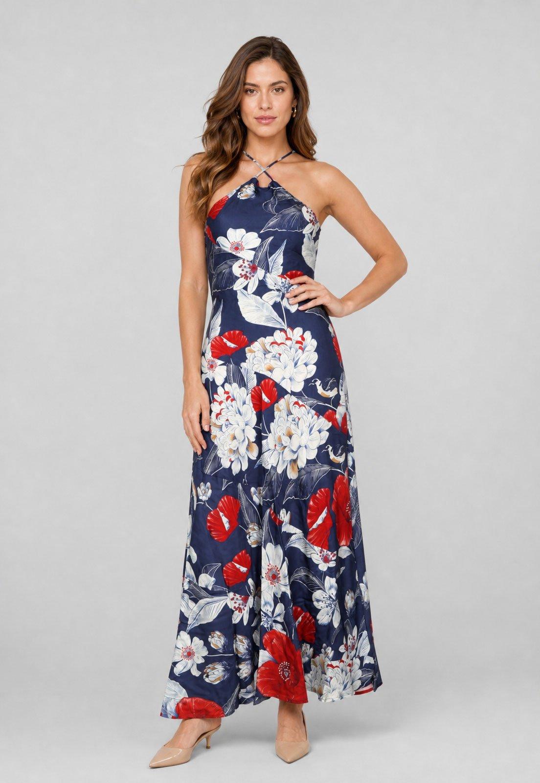 Vestido Longo FARM Estampa Floral Vera Azul-marinho