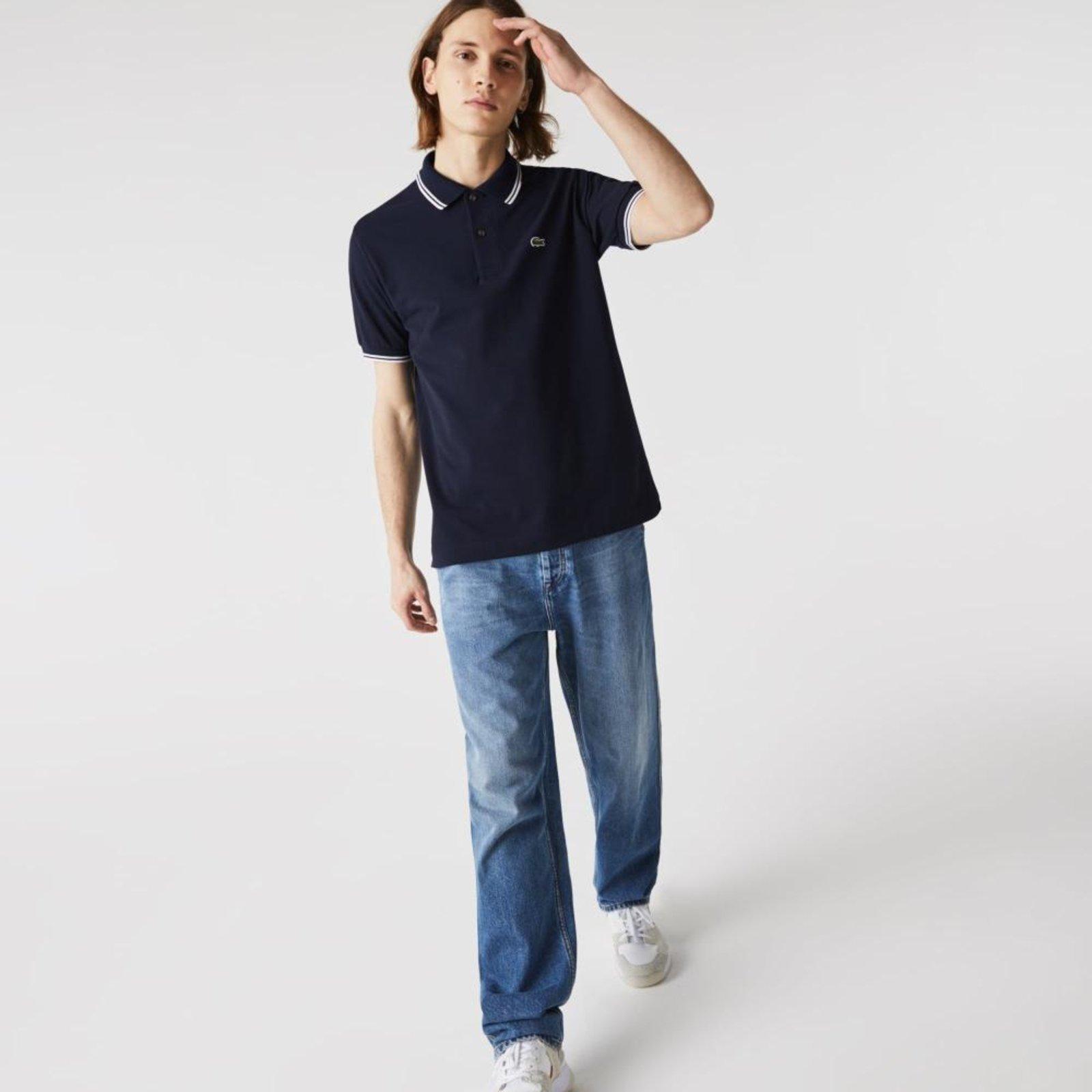 Polo masculina Lacoste classic fit em piqué de algodão com detalhes listrados Azul Marinho