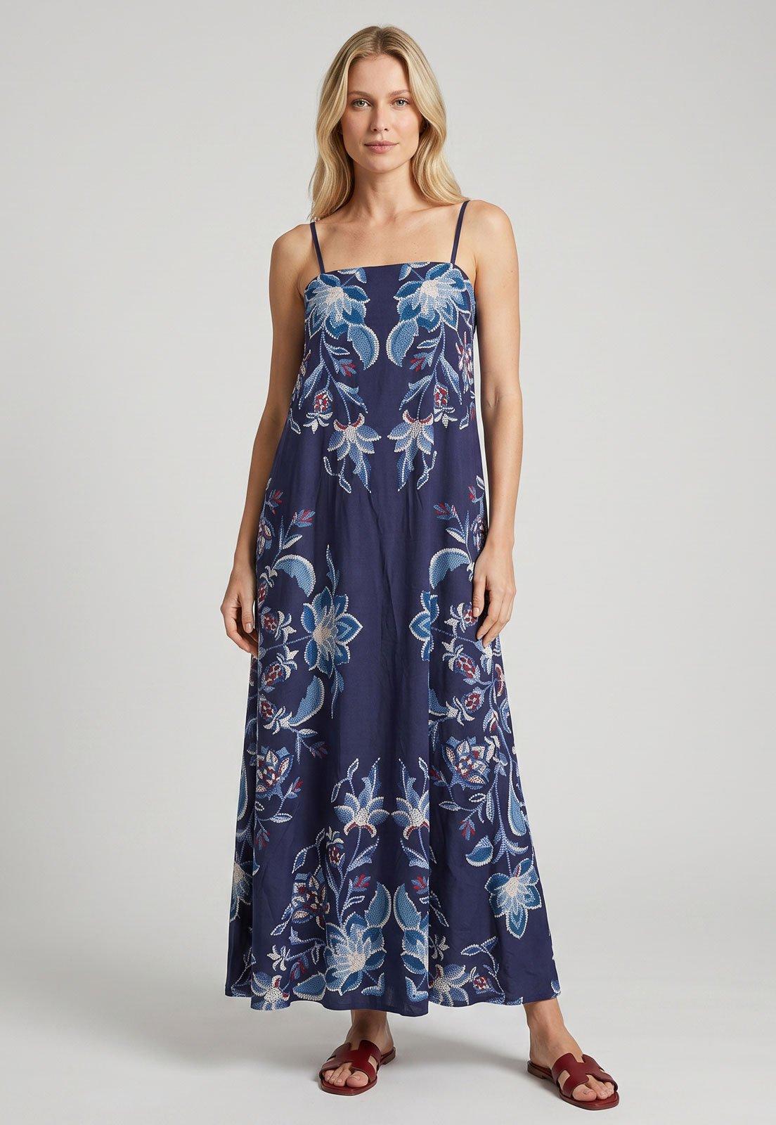 Vestido Feminino FARM Longo Floral Alça Fina Azul