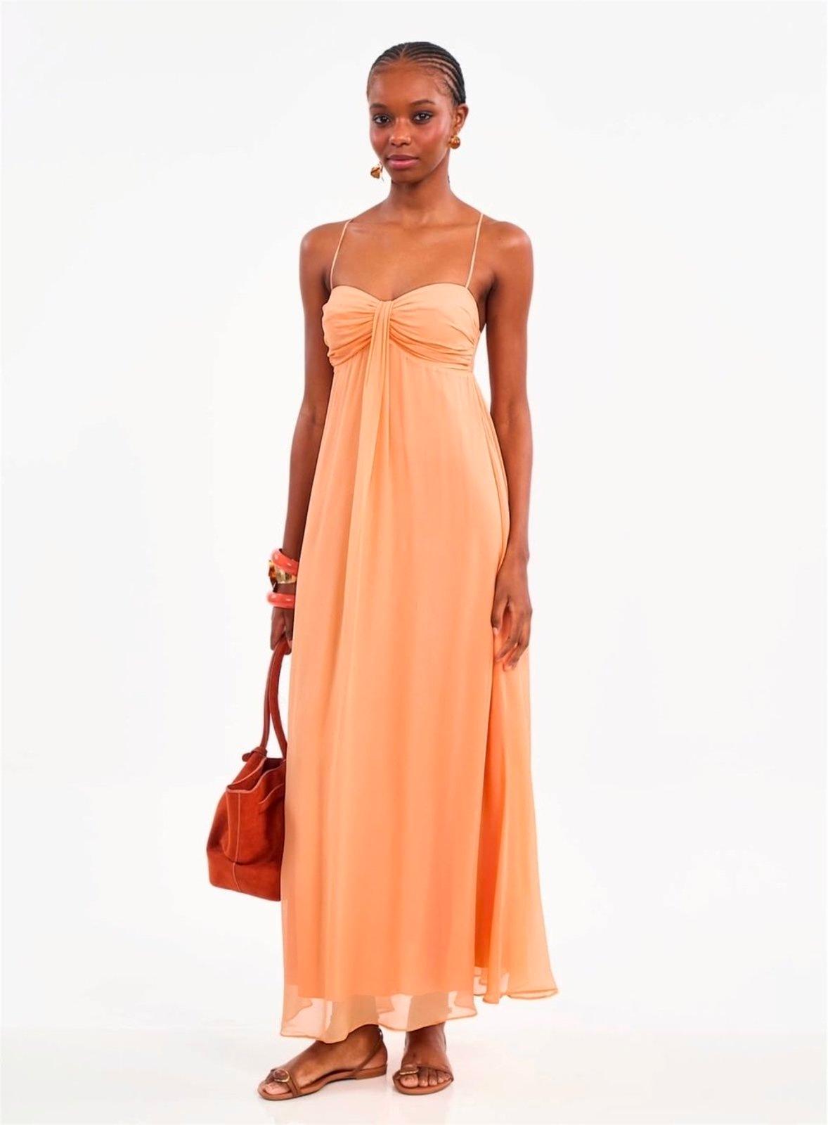 Vestido Longo Fluido com Franzidos Colcci Laranja Coral Sands