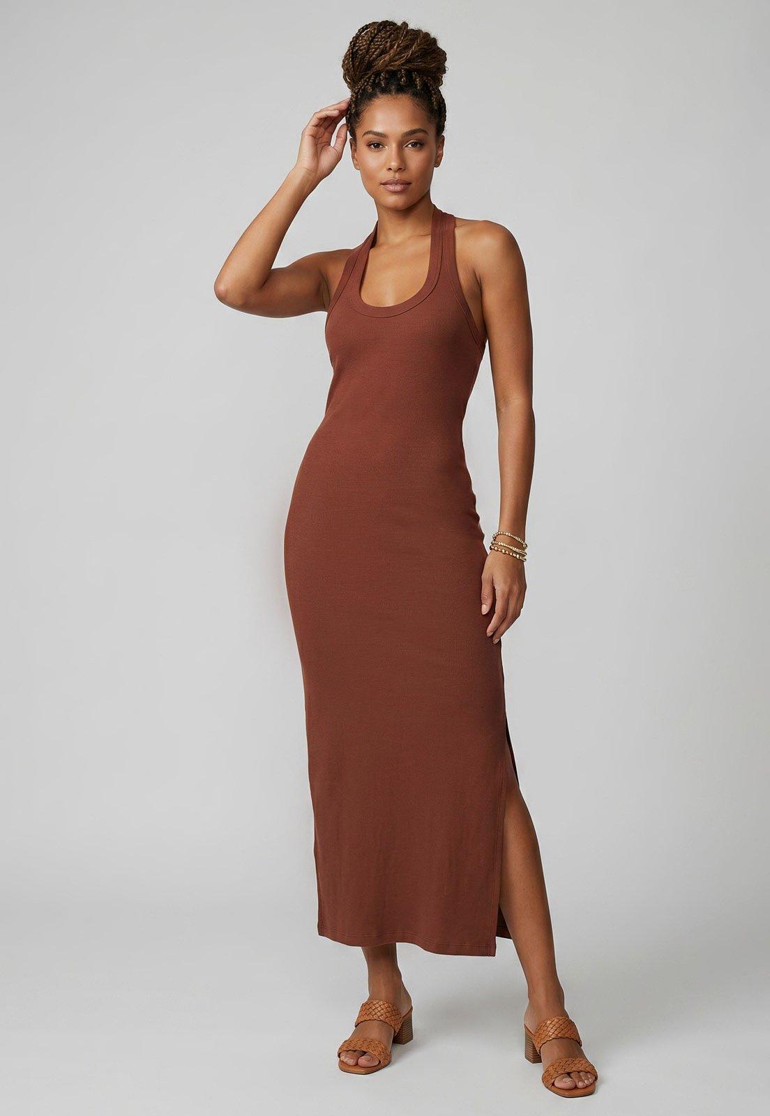 Vestido Feminino FARM Midi Decote Redondo Marrom