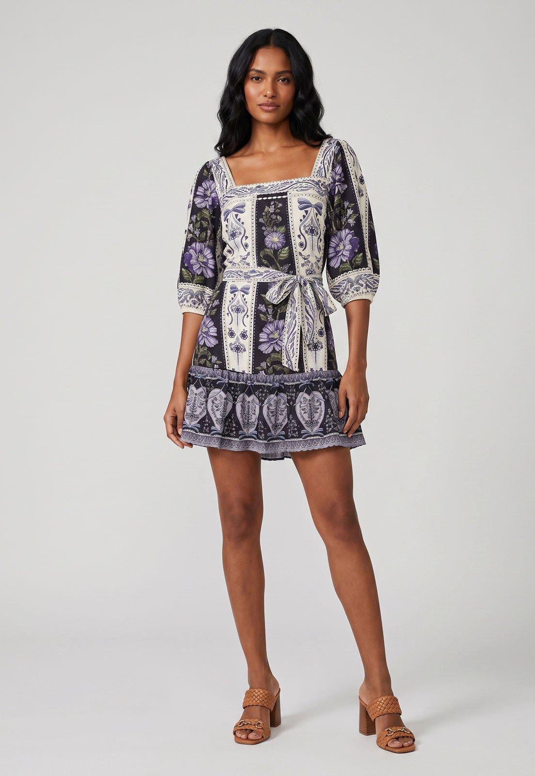 Vestido FARM Floral Com Laço Preto