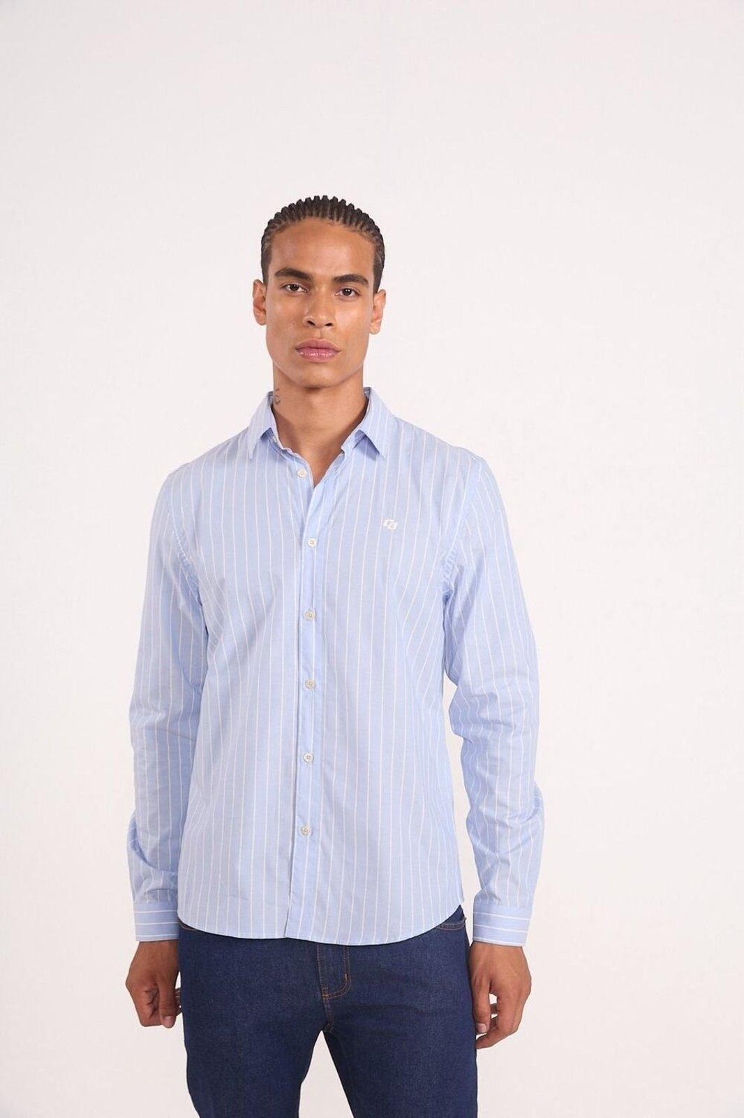 Camisa de Algodão Risca de Giz Colcci Azul Lstrado