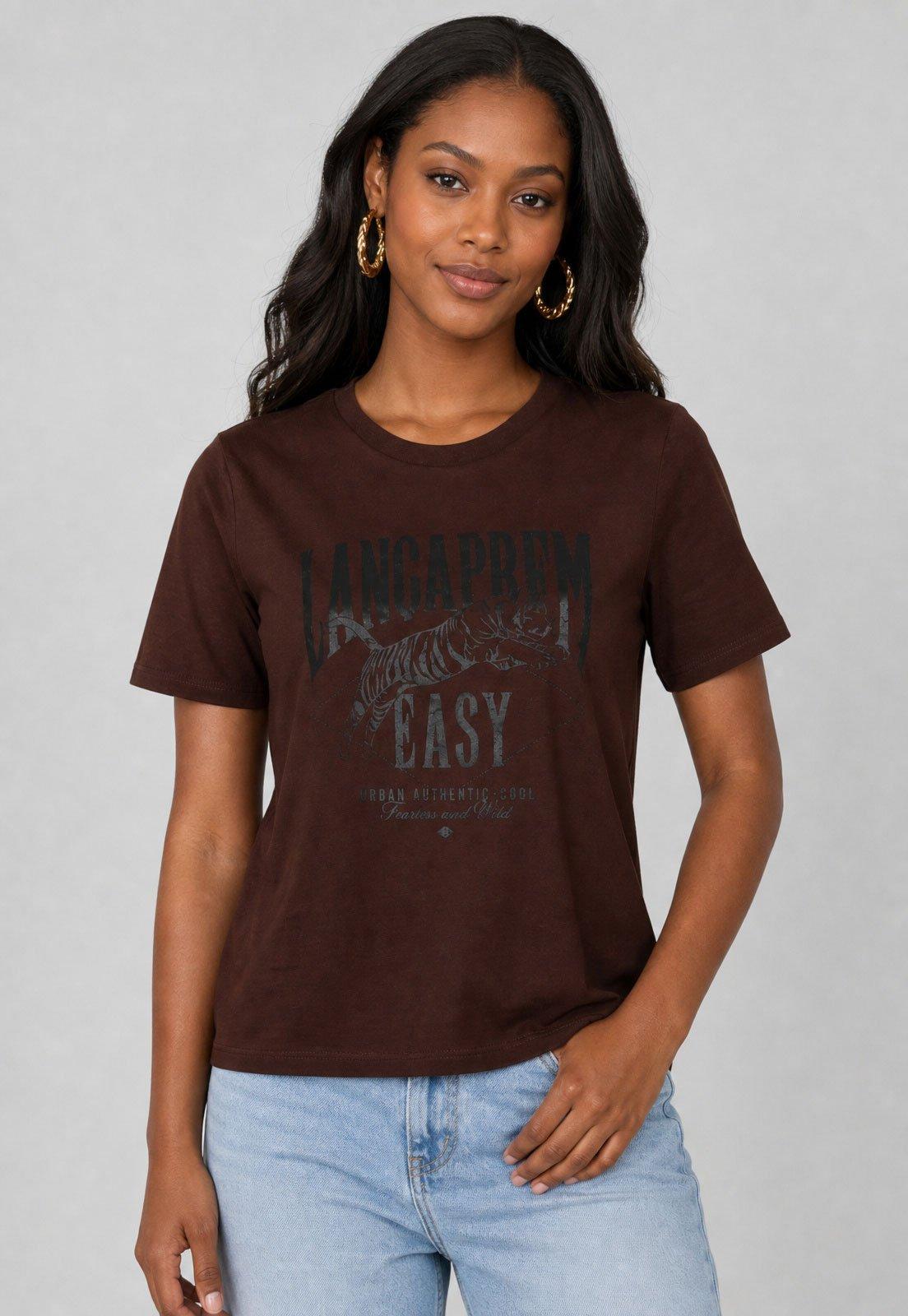 Camiseta Feminina Lança Perfume Estampa Frontal Marrom