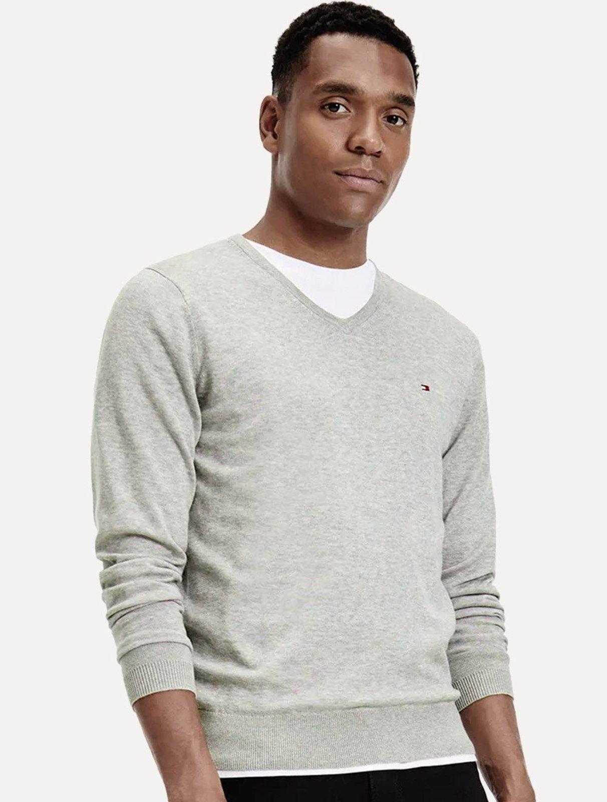 Suéter Tommy Hilfiger Masculino Essential Cotton V-Neck Cinza Claro