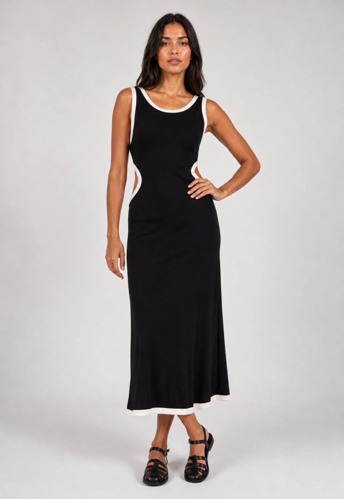 Vestido Feminino FARM Recortes Laterais Midi Preto