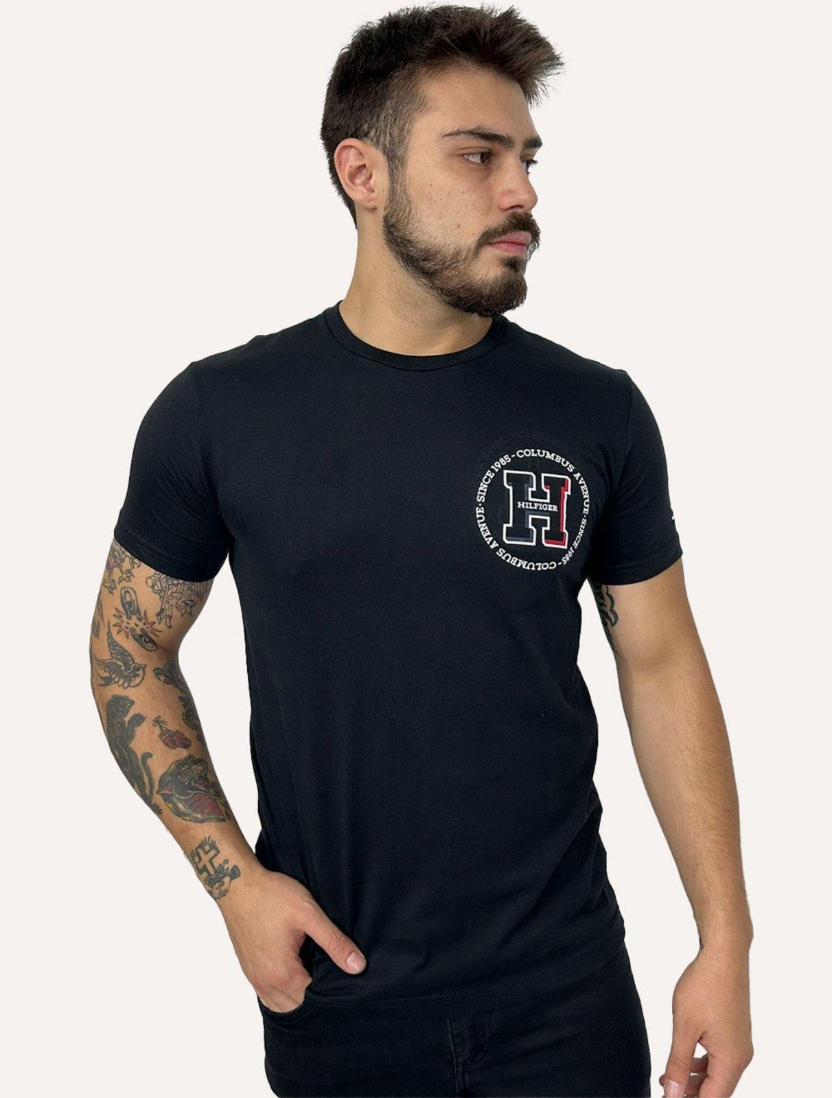 Camiseta Tommy Hilfiger Masculina Columbus H Roundle Logo Azul Marinho