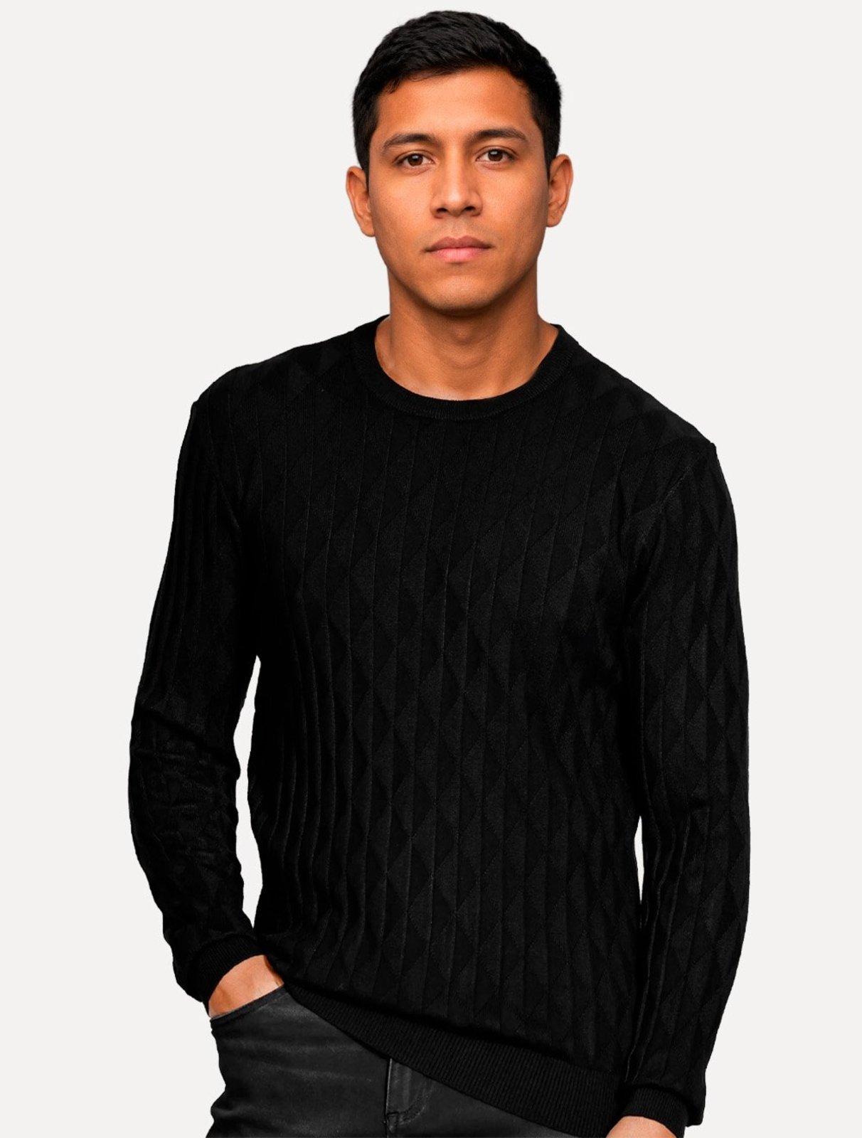 Suéter Aramis Masculino Tricot Crewneck Jacquard Triangulos Preto