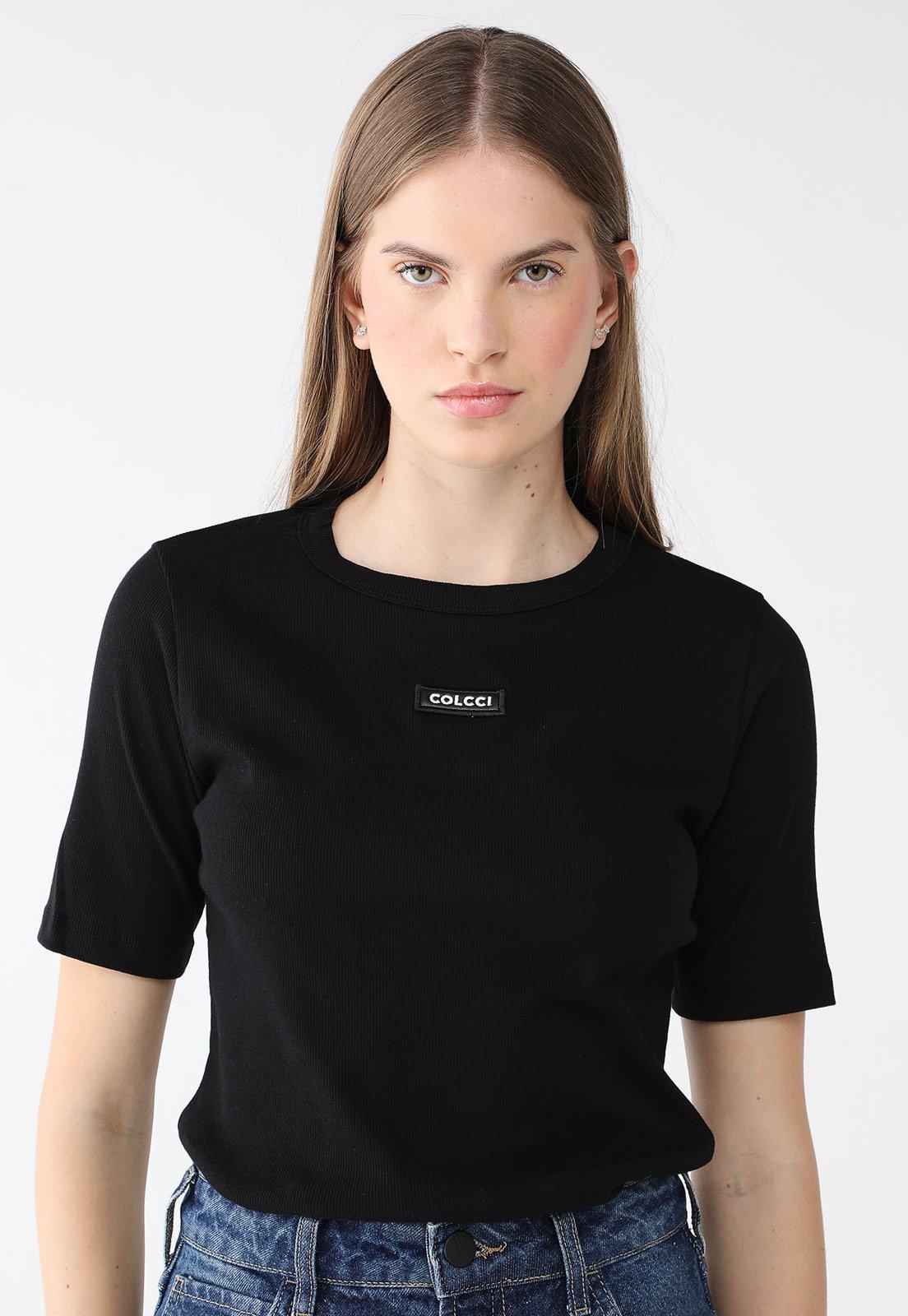 Blusa Canelada Colcci Slim Logo Preta