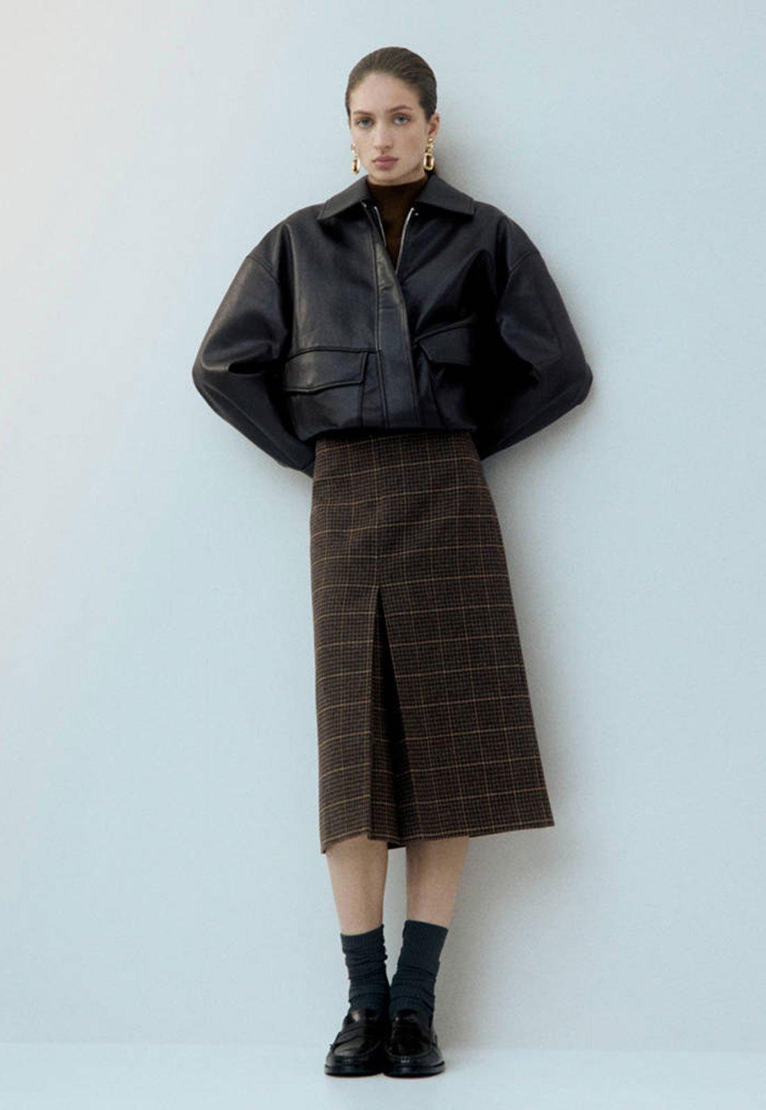 Saia Feminina Mango Midi Xadrez Marrom