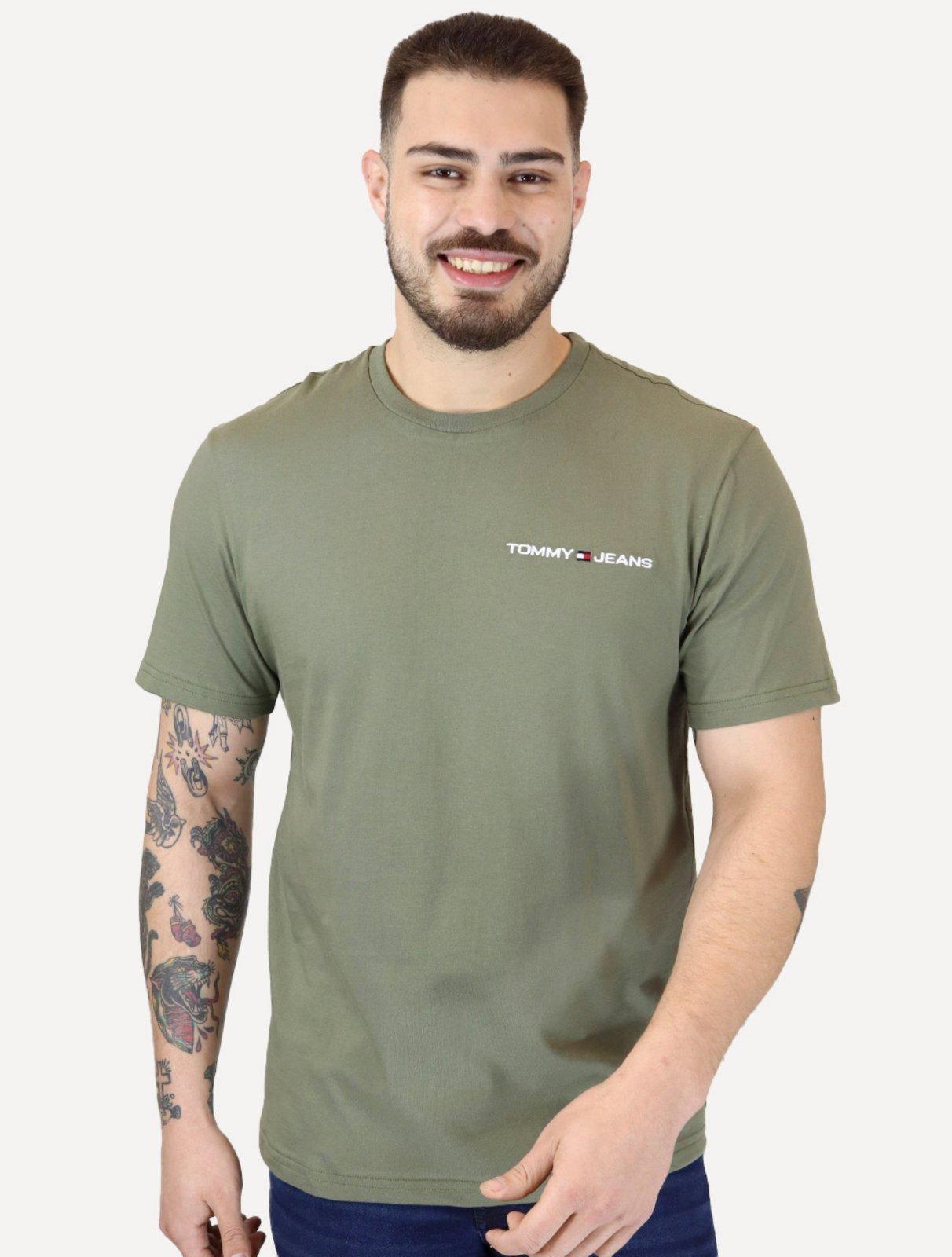 Camiseta Tommy Jeans Masculina Classic Linear Embroidered Chest Verde Militar