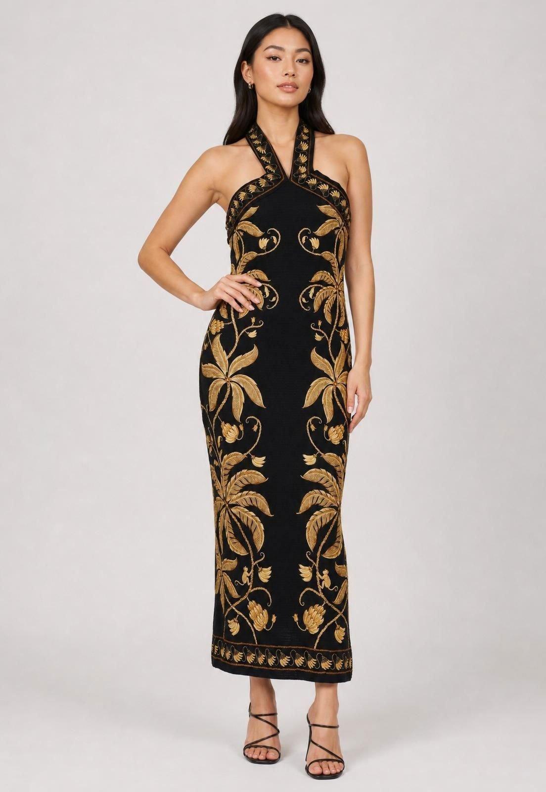 Vestido Feminino FARM Midi Bordado Dourado Preto