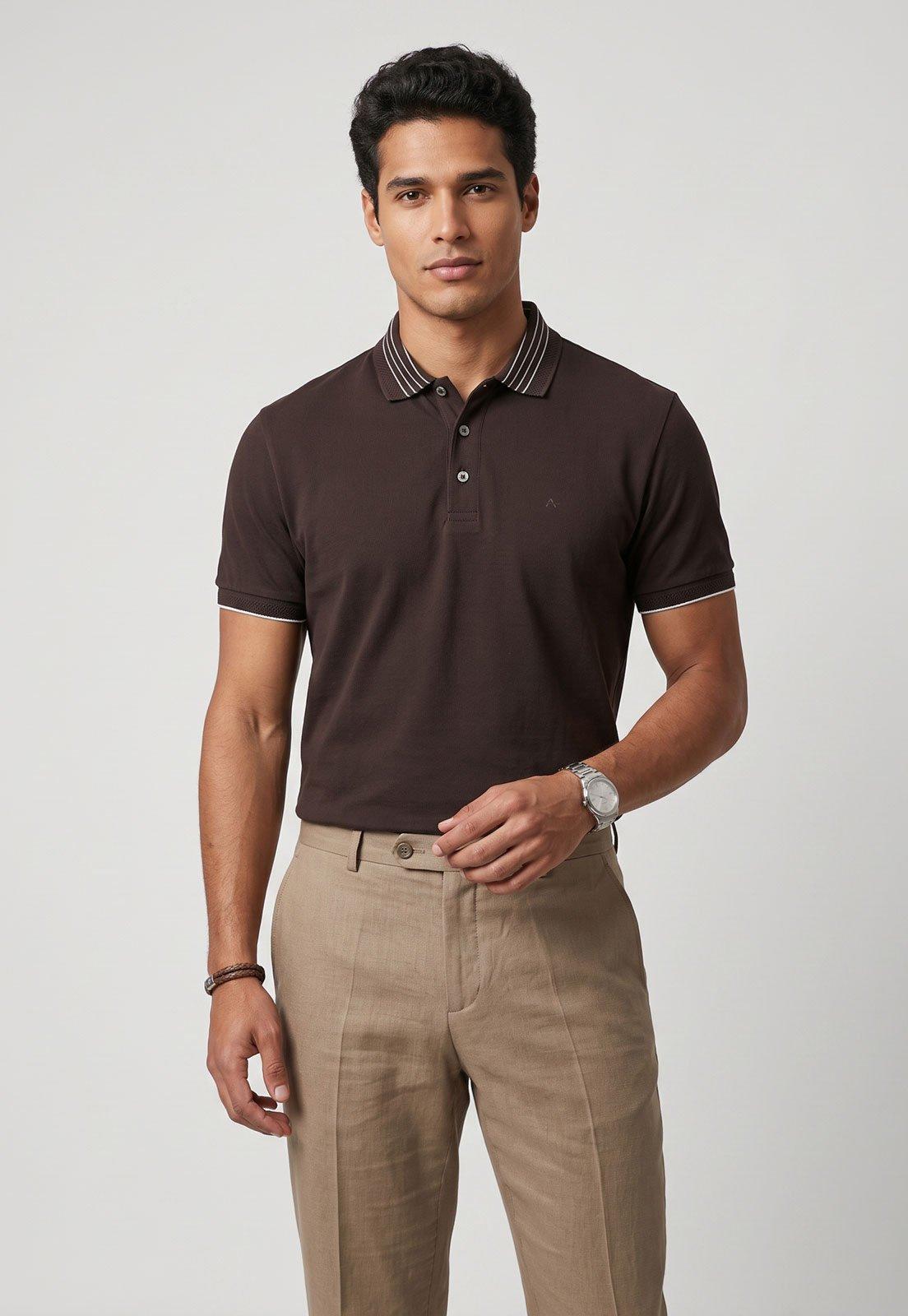 Camisa Polo Masculina Aramis Gola Listrada Marrom