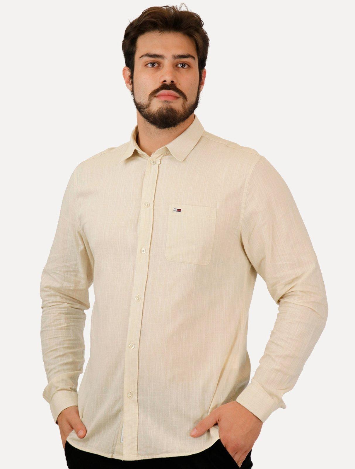 Camisa Tommy Jeans Masculina Regular Linen Blend Pocket Areia Mescla