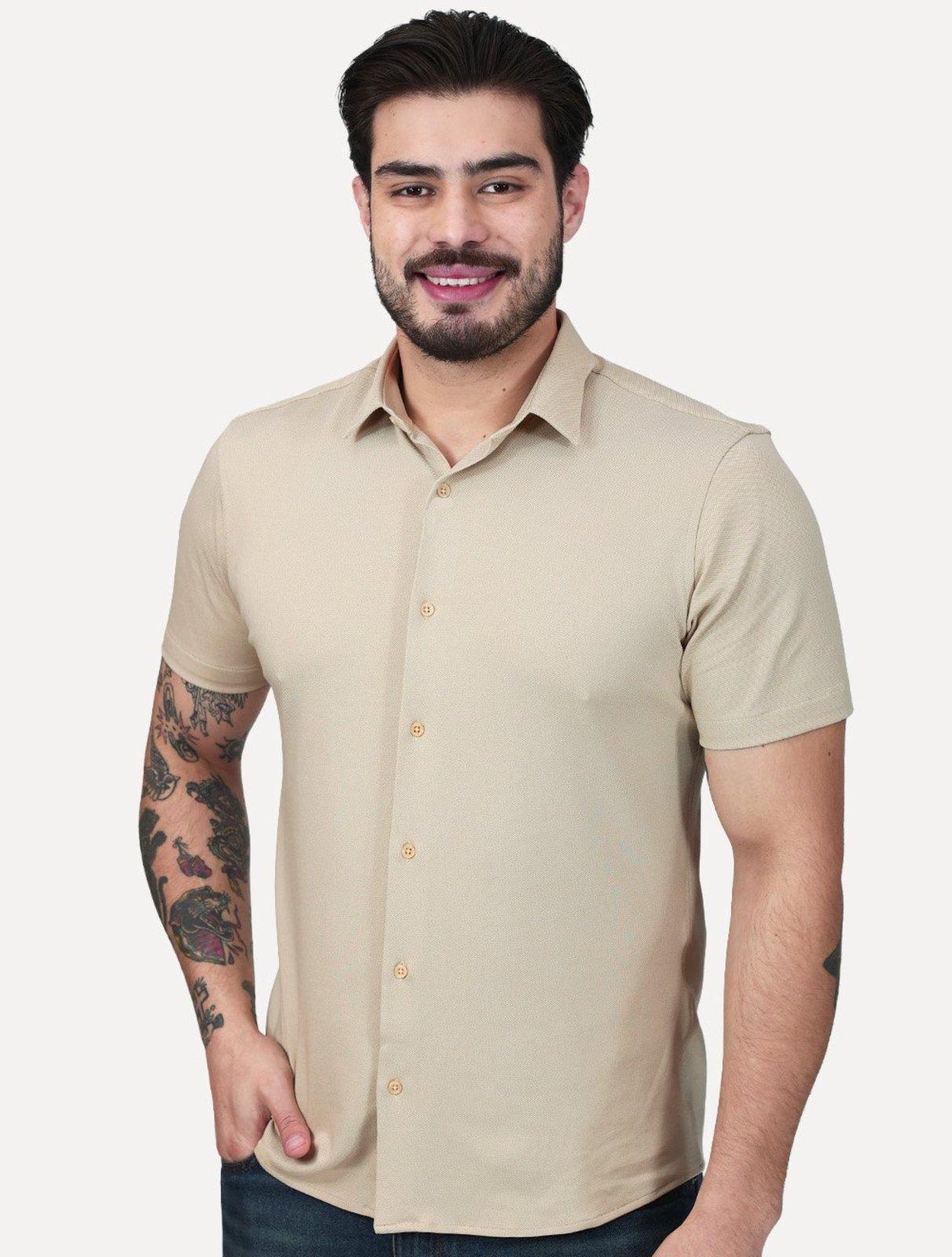 Camisa Aramis Masculina Manga Curta Slim Mista Italia Cáqui