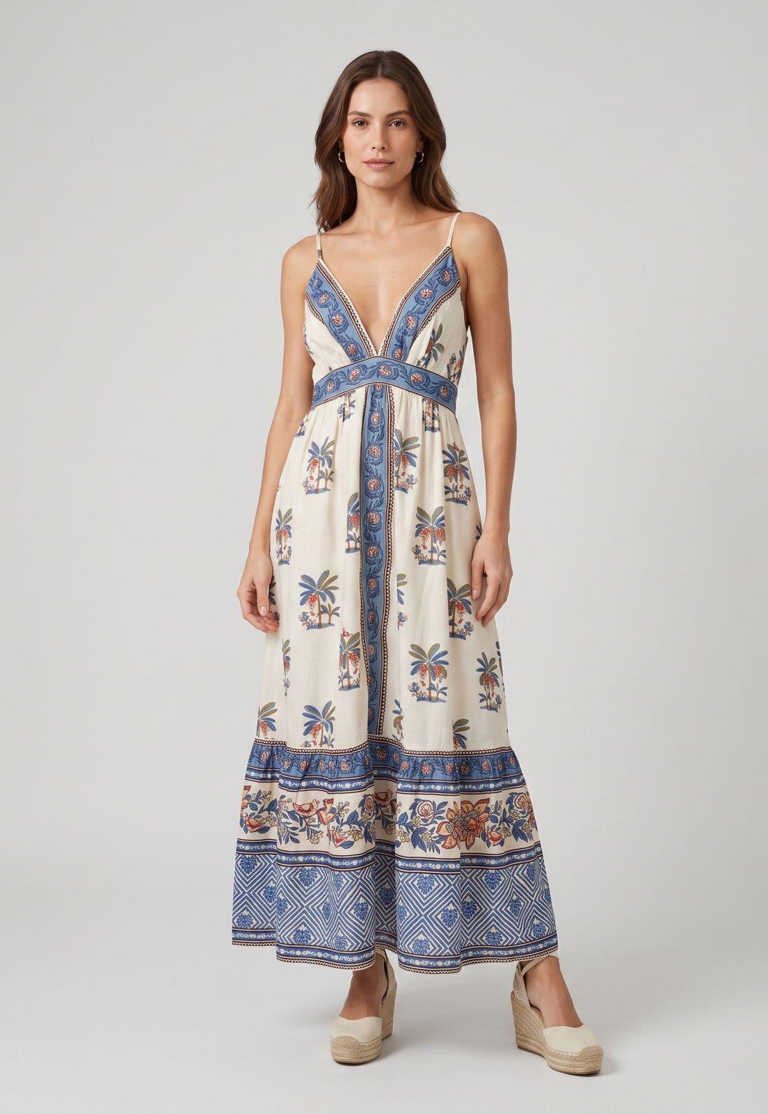 Vestido Feminino FARM Longo Floral Bege