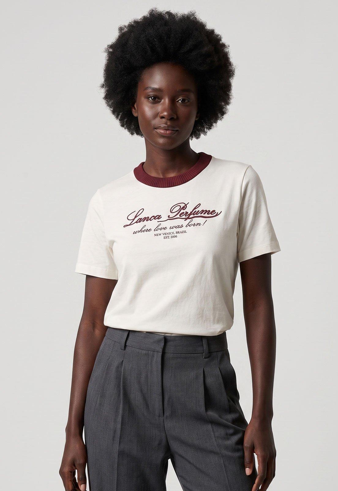 Camiseta Feminina Lança Perfume Gola Contraste Branca