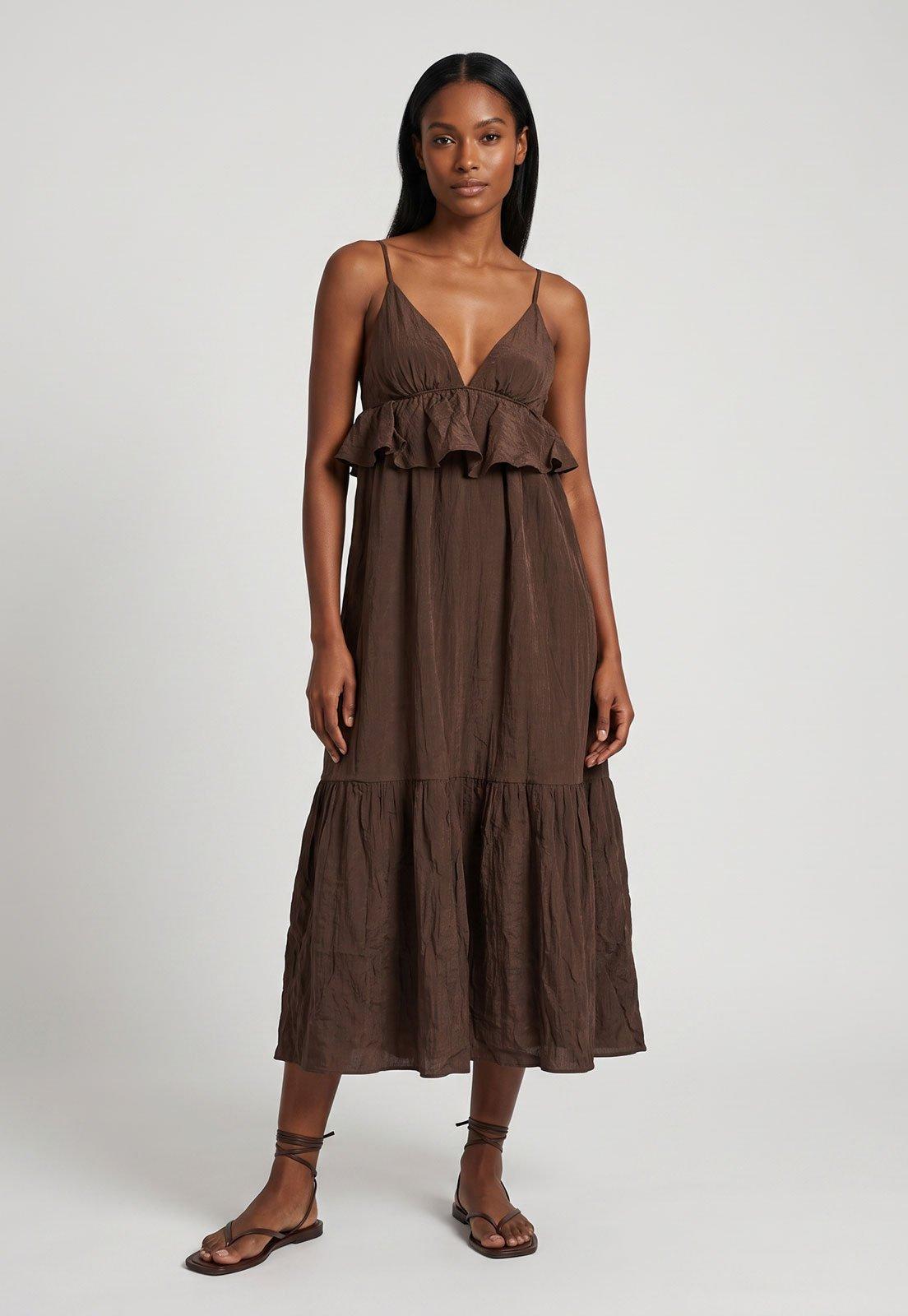 Vestido Feminino FARM Midi Alças Finas Marrom