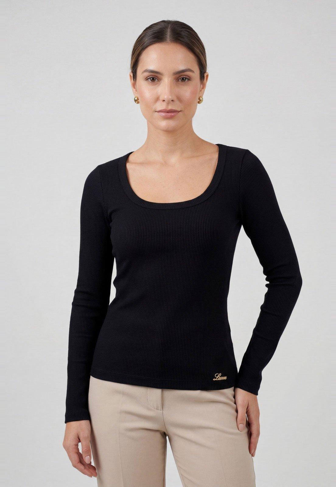Blusa Feminina Lança Perfume Manga Longa Decote Redondo Preta