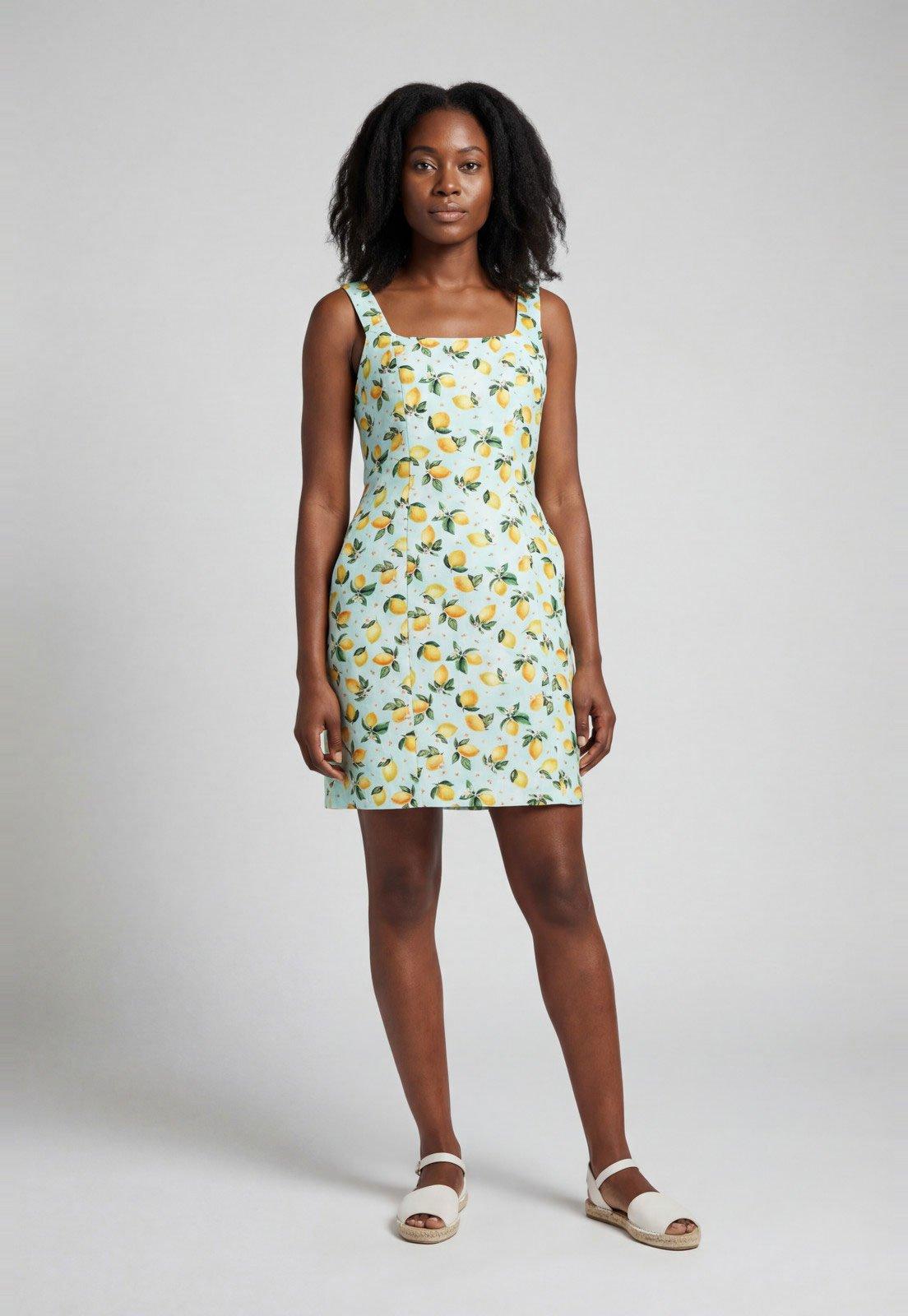 Vestido Feminino Lança Perfume Estampa Limão Azul Claro