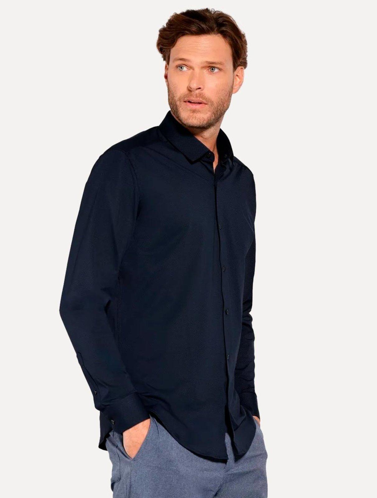 Camisa Aramis Masculina Slim Tricoline Liso Stretch Azul Marinho