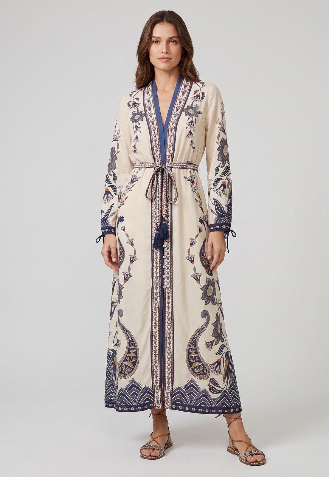 Vestido Feminino FARM Longo Estampado Bege