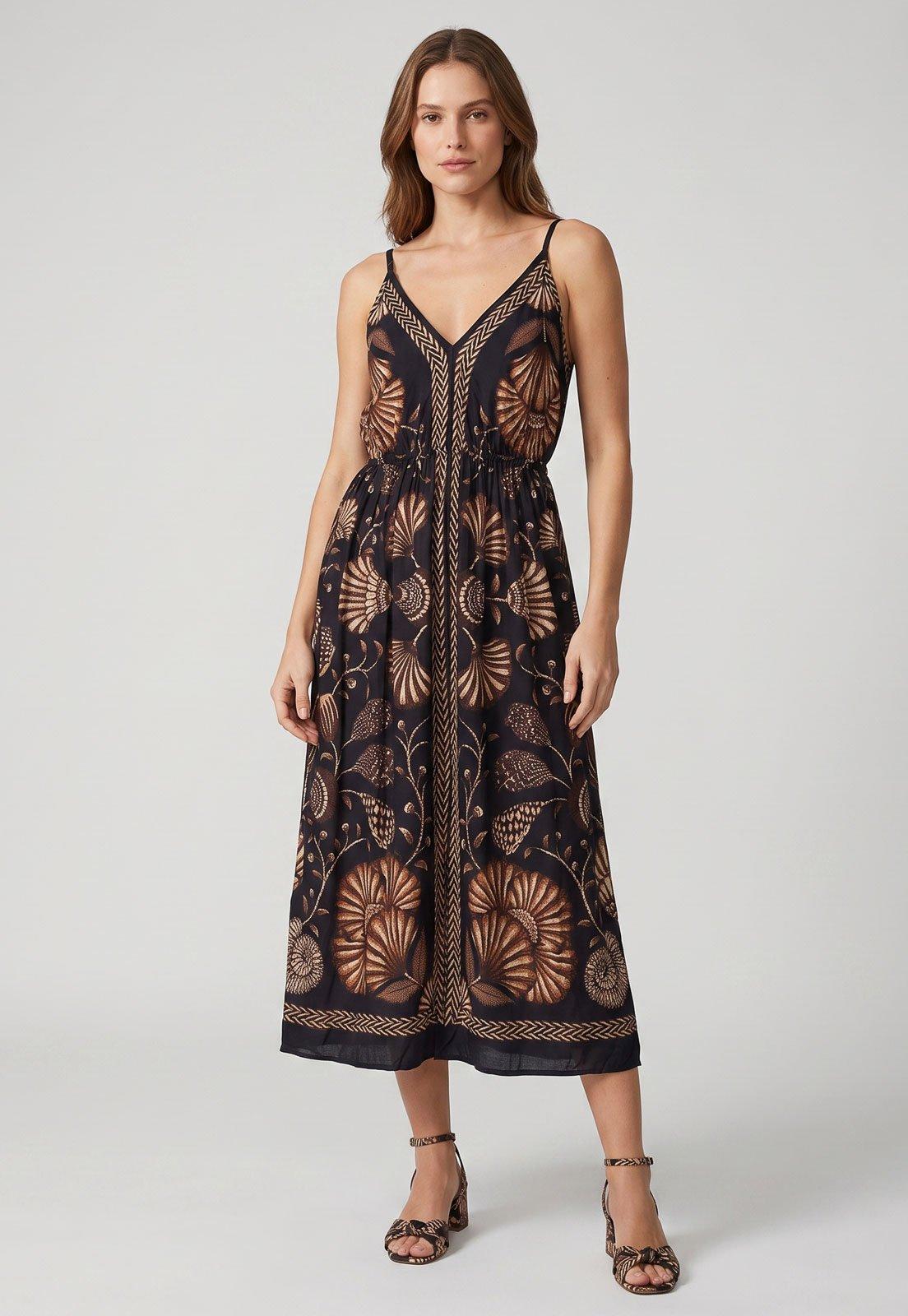 Vestido FARM Decote V Estampado Preto