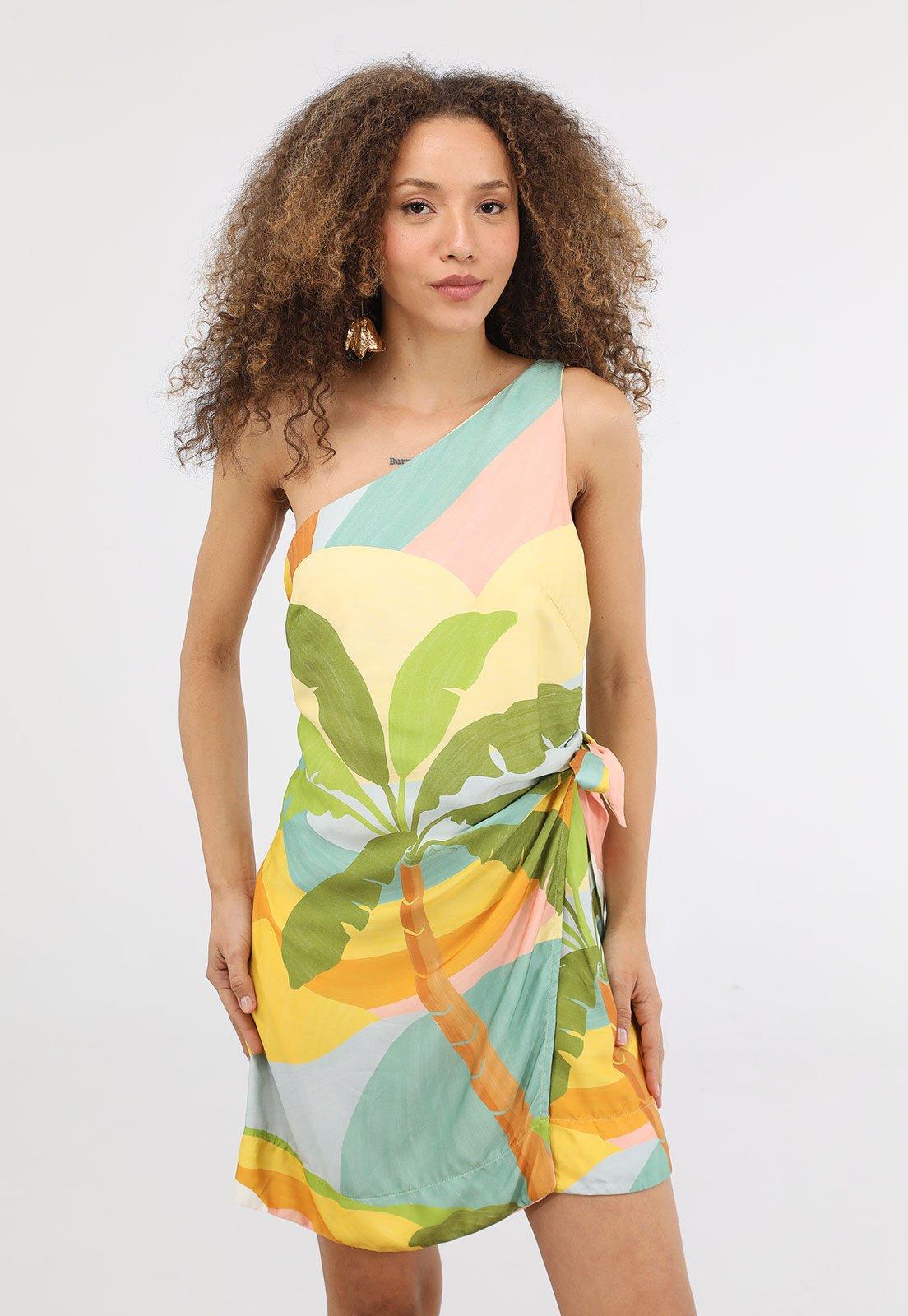 Vestido Feminino FARM Um Ombro Só Estampa Tropical Verde