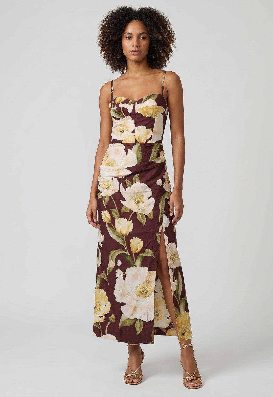 Vestido Feminino FARM Longo Alças Finas Floral Marrom