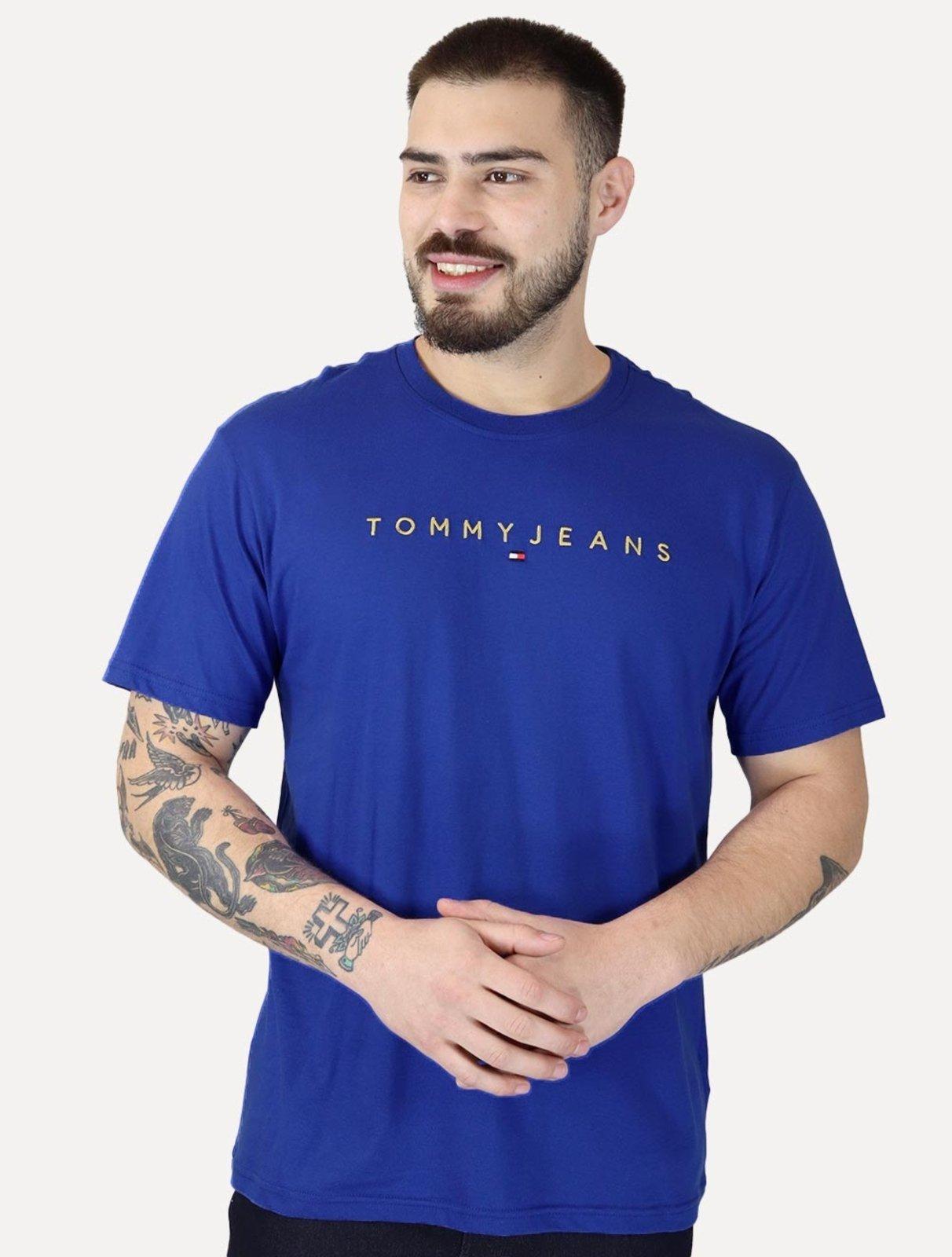 Camiseta Tommy Jeans Masculina Core Linear Gold Logo Azul Royal