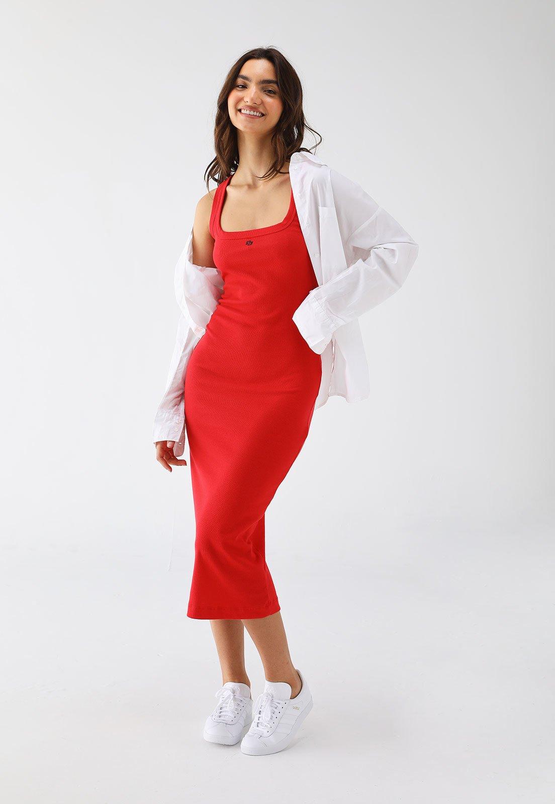 Vestido Canelado Colcci Midi Logo Vermelho