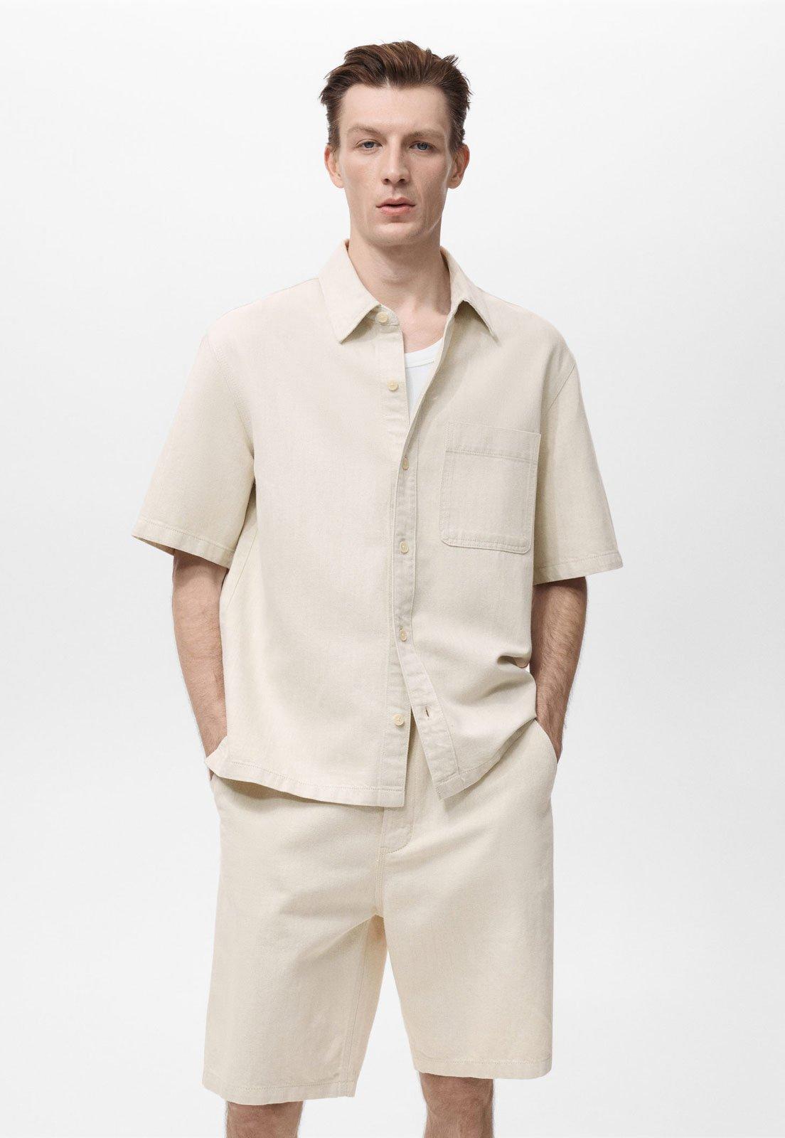 Camisa Masculina Mango Guido Manga Curta Algodão Linho Off-White