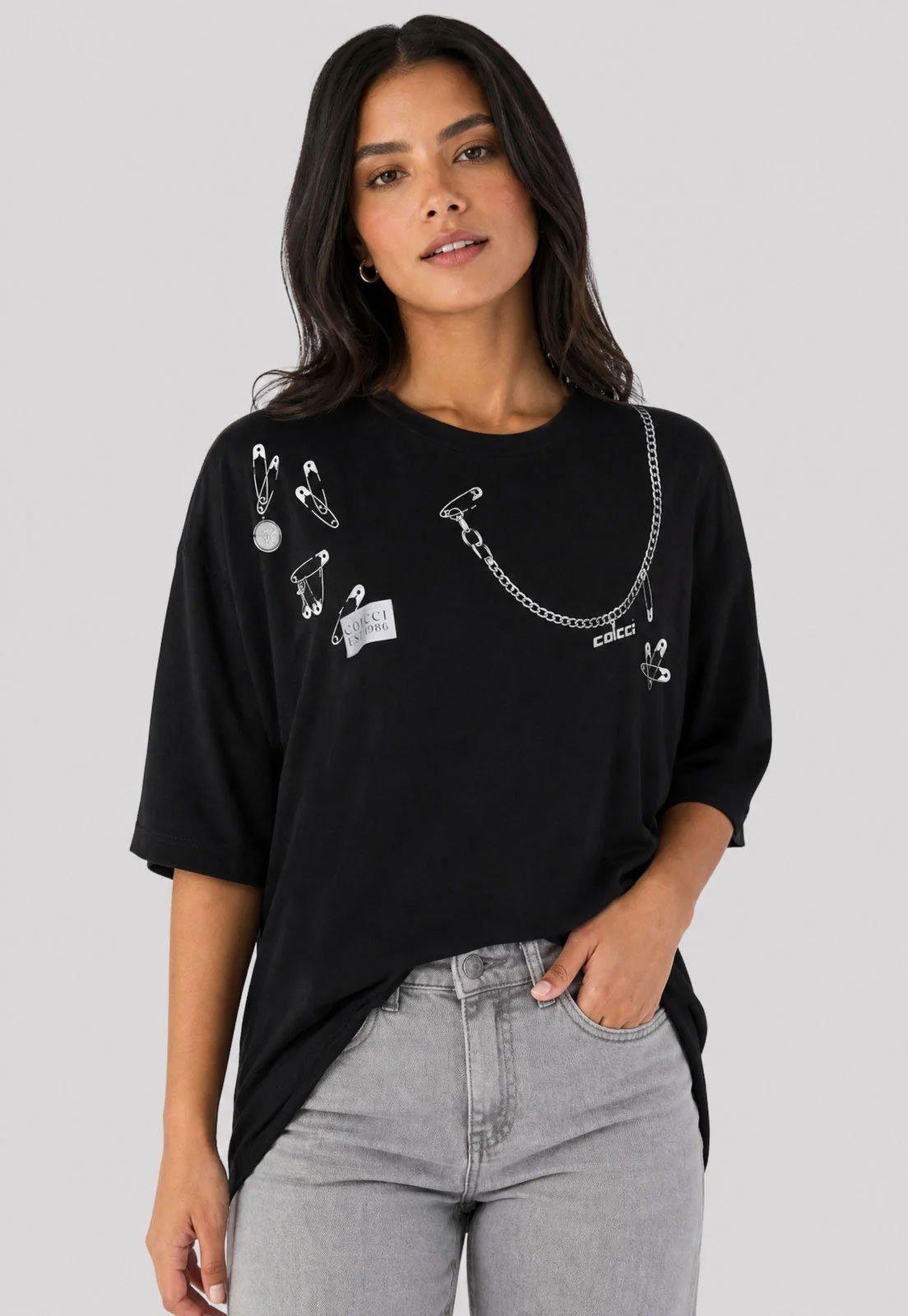 Camiseta Feminina Colcci Estampa Gráfica Preta