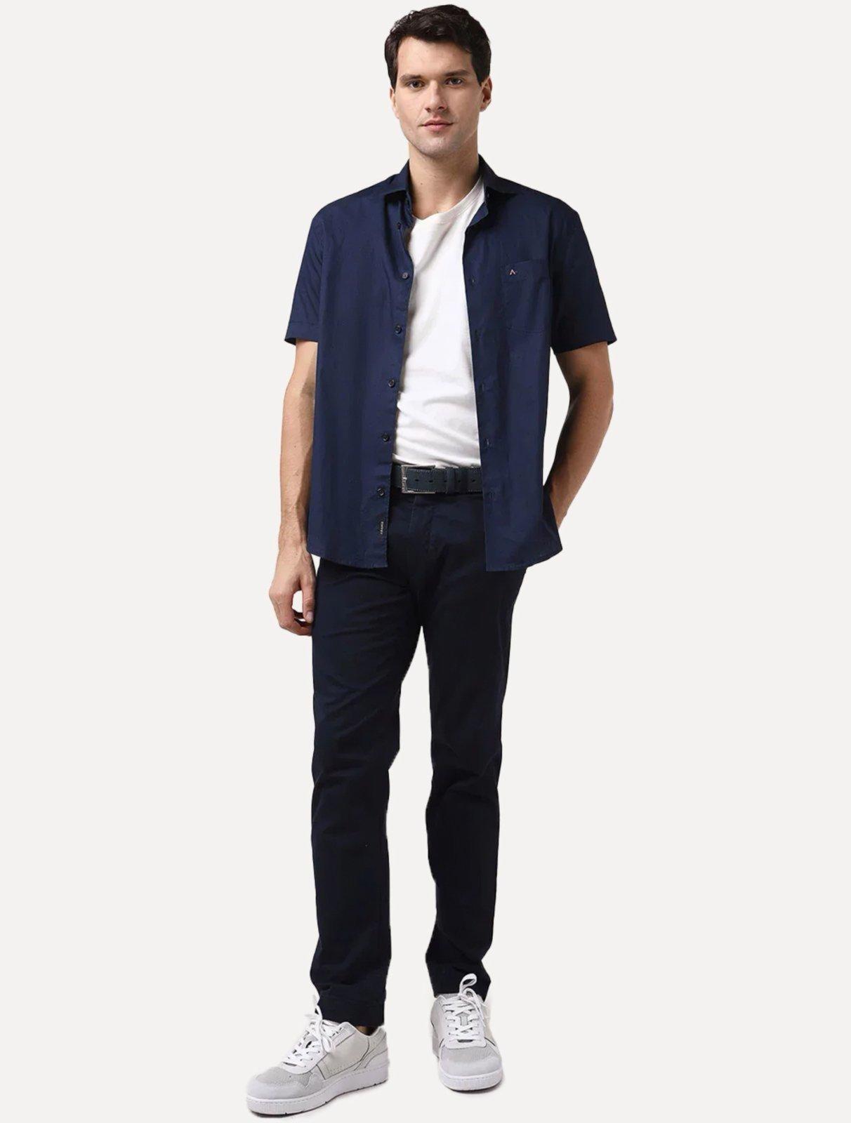Camisa Aramis Masculina Manga Curta Tricoline Stretch Pocket Azul Marinho