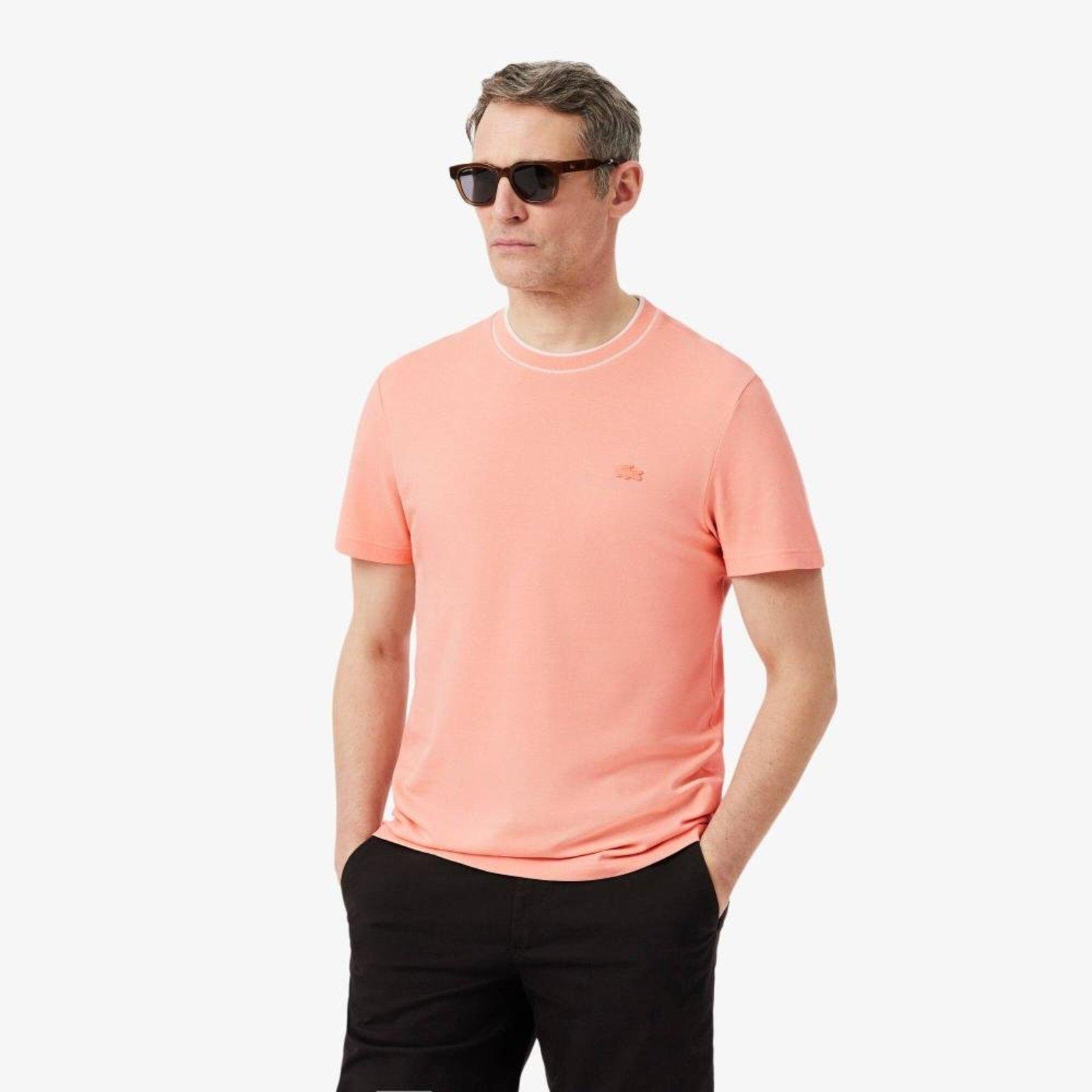Camiseta de Piqué com Gola Listrada em Stretch Rosa