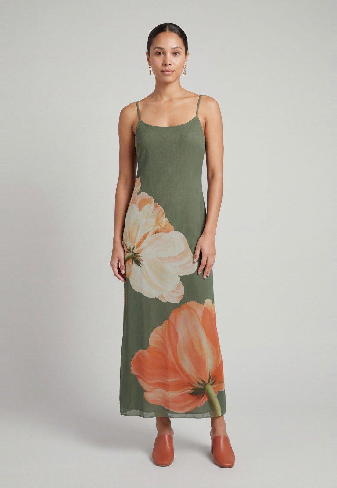 Vestido Feminino FARM Longo Alças Finas Estampado Verde