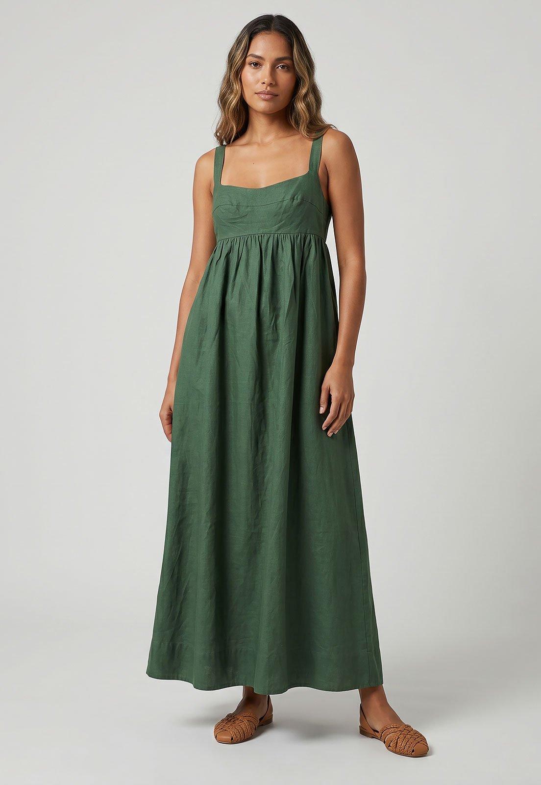 Vestido Feminino FARM Midi Decote Quadrado Verde