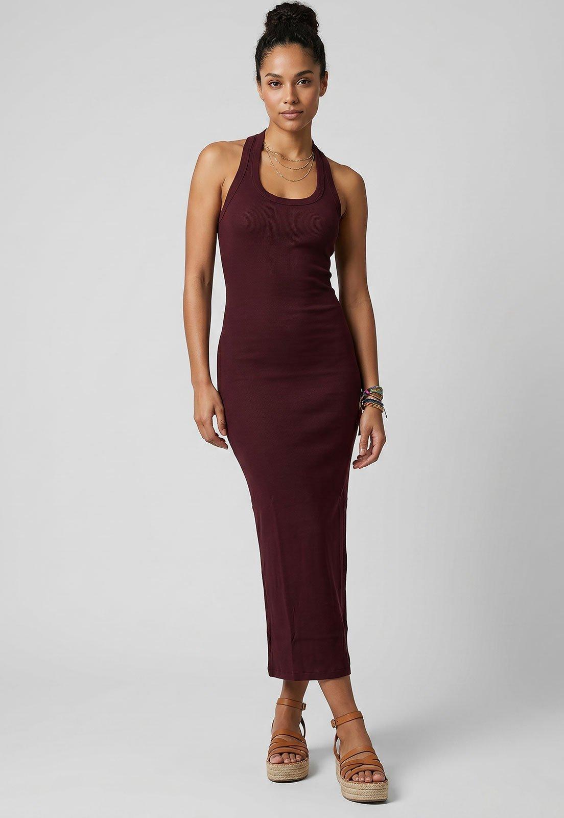 Vestido Feminino FARM Midi Ajustado Vinho