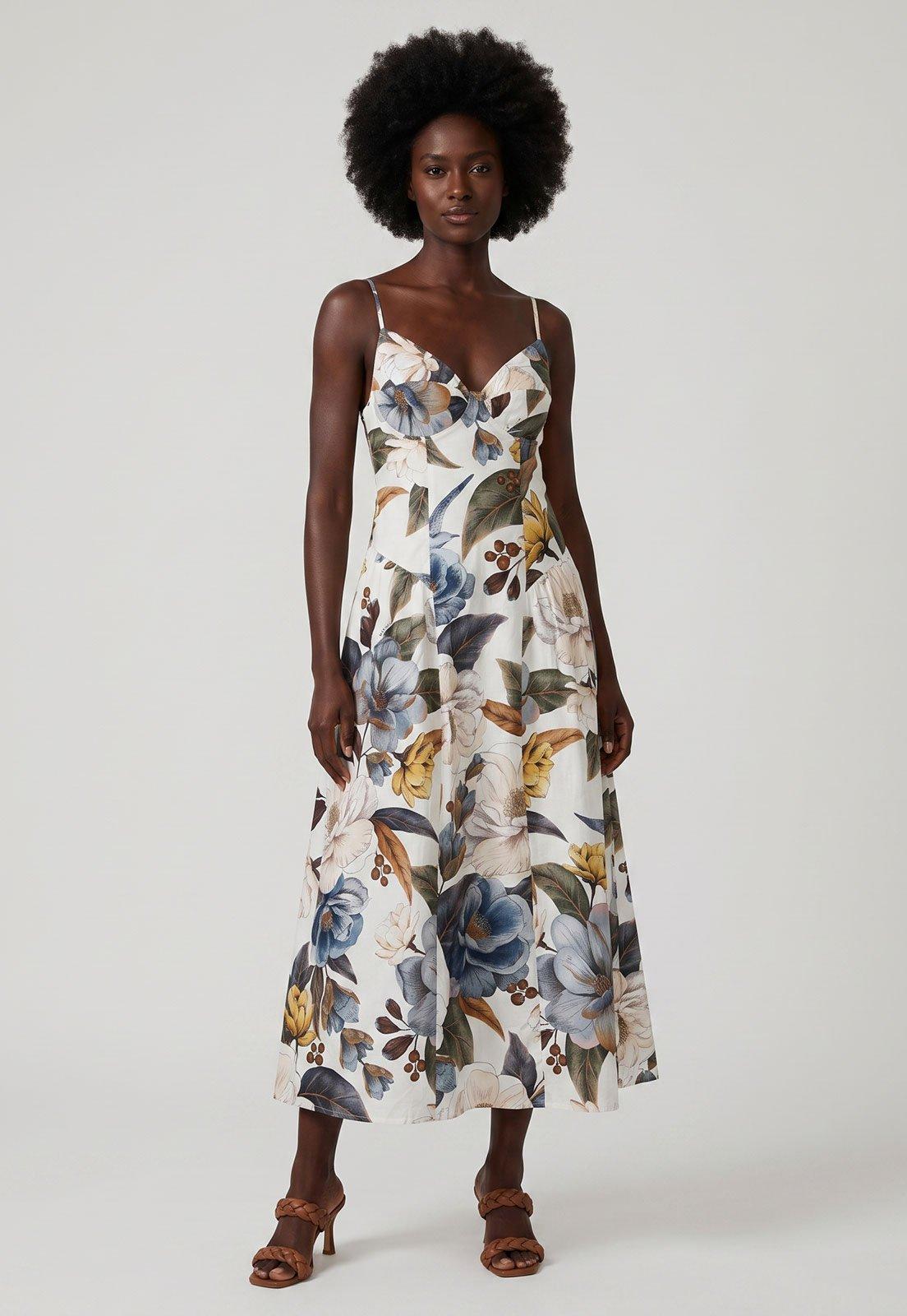 Vestido FARM Alças Finas Estampado Branco