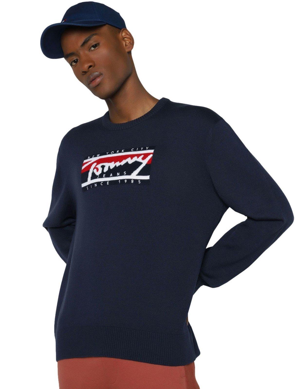 Suéter Tommy Jeans Masculino C-Neck Graphic Flag Sweater Azul Marinho