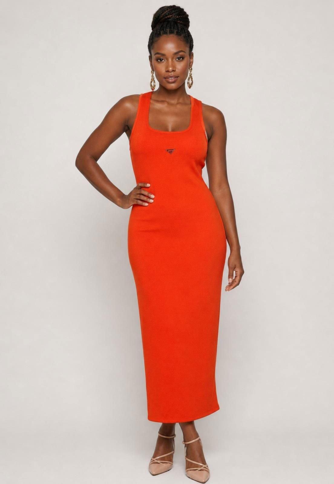 Vestido Feminino Lança Perfume Longo Alças Largas Laranja