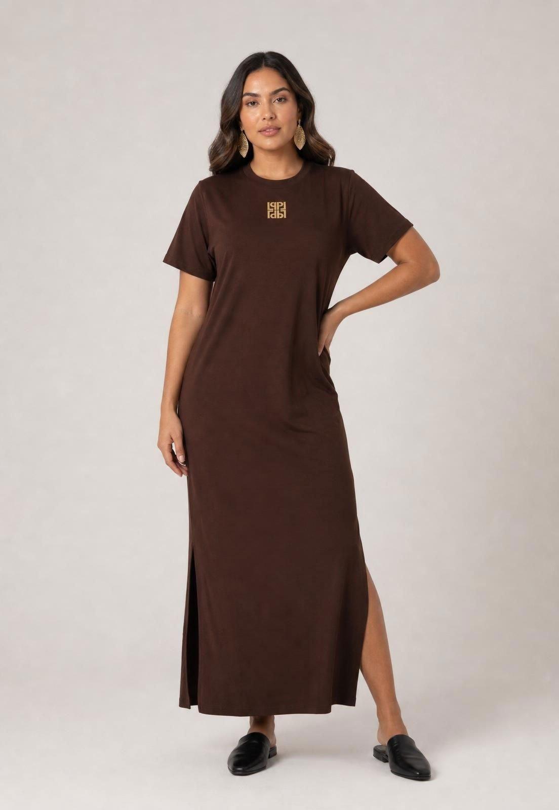 Vestido Feminino Lança Perfume Longo Manga Curta Marrom