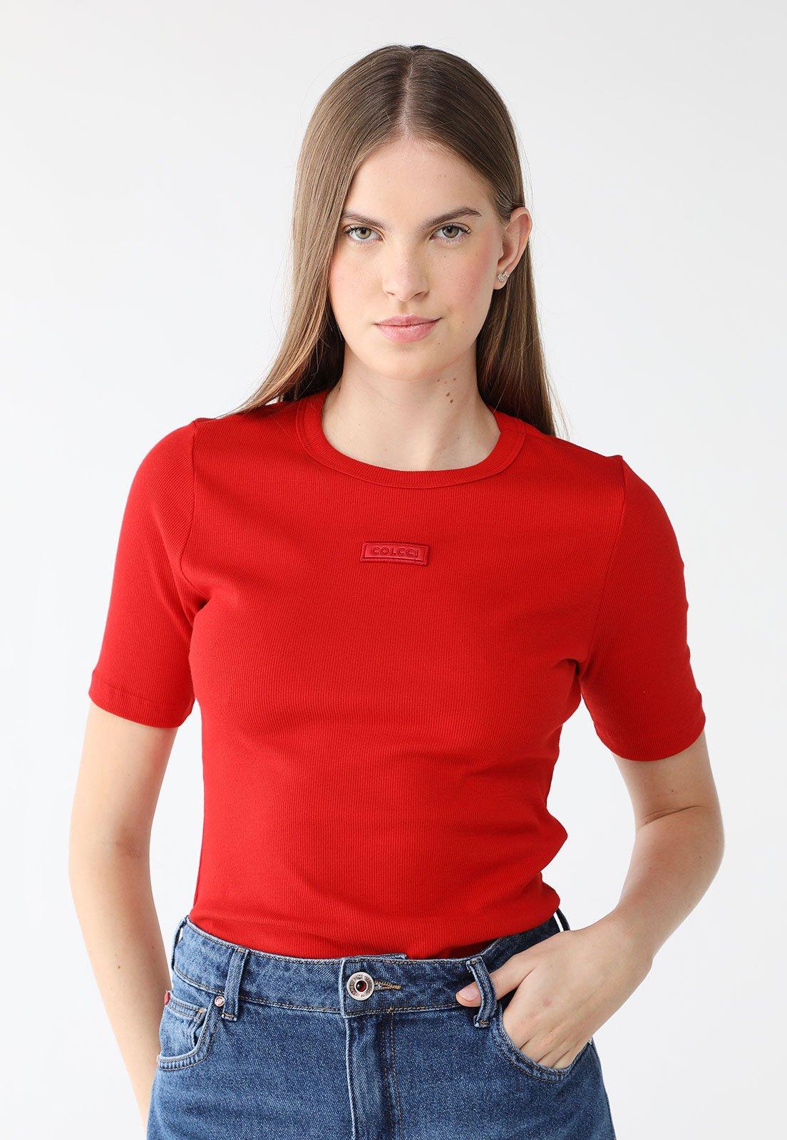 Blusa Canelada Colcci Slim Logo Vermelha