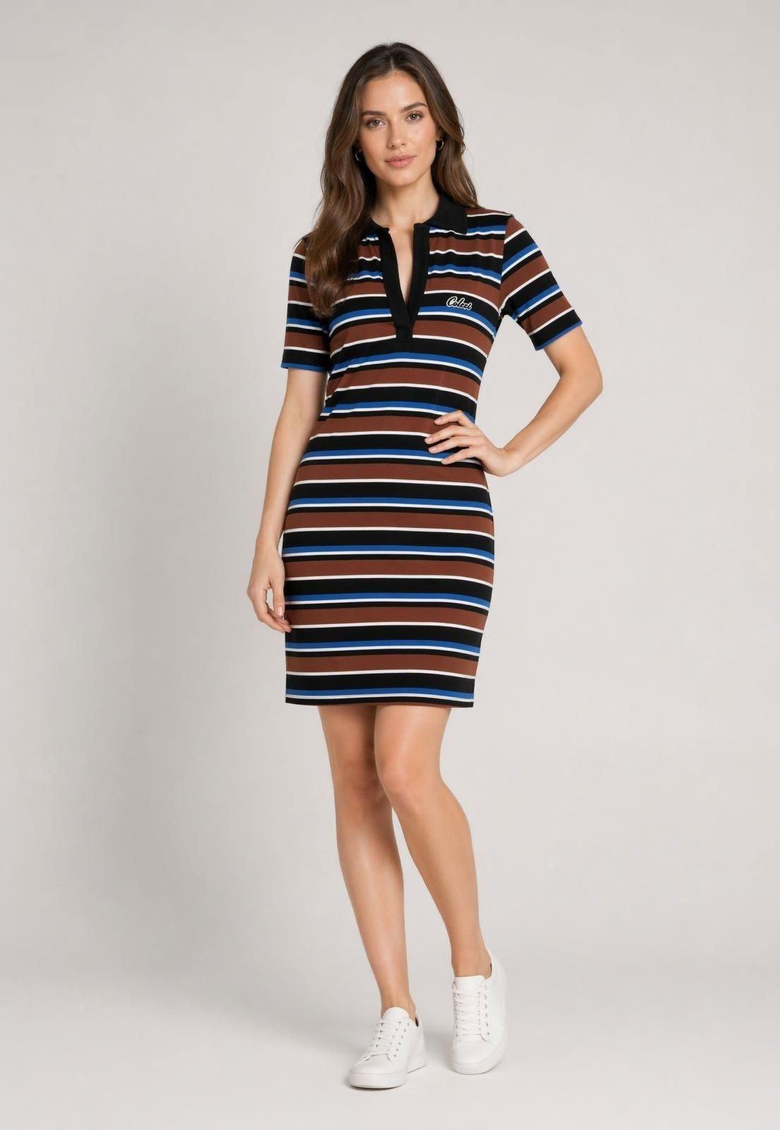 Vestido Feminino Colcci Listrado Gola Polo Marrom