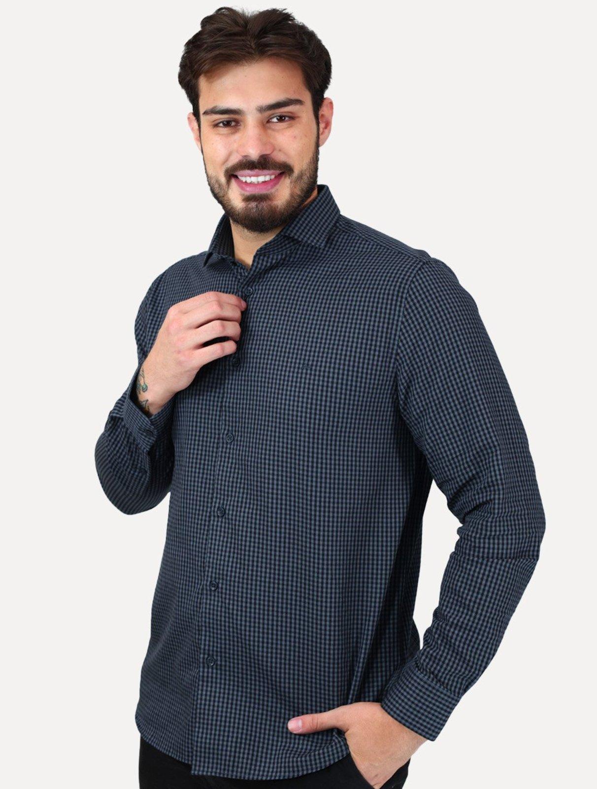 Camisa Aramis Masculina Slim Mini Xadrez Damero Azul Médio/Preto