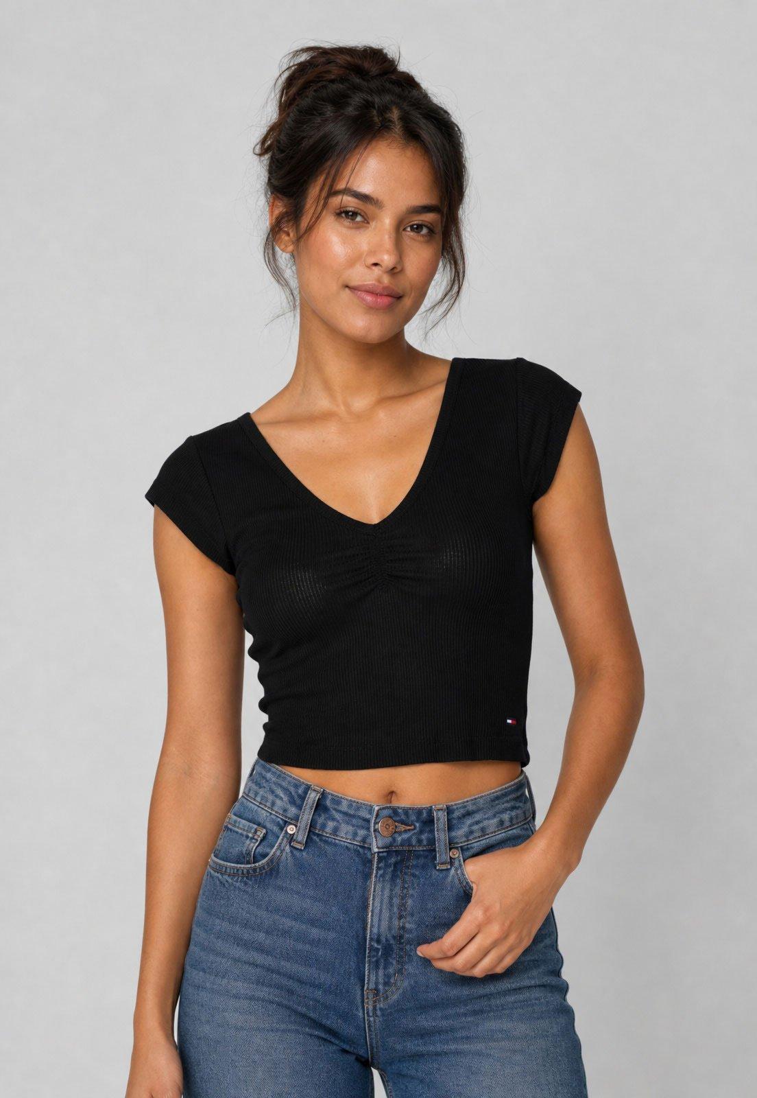 Blusa Feminina Tommy Jeans Cropped Alça Larga Preta