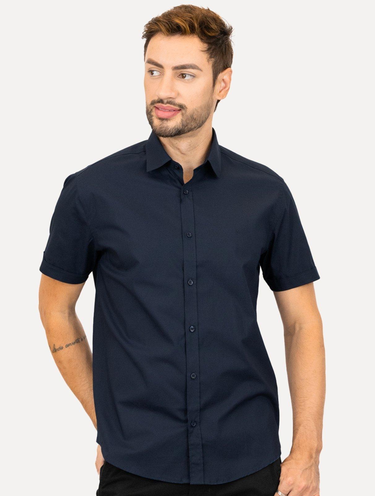 Camisa Aramis Masculina Manga Curta Regular Tricoline Stretch Marinho
