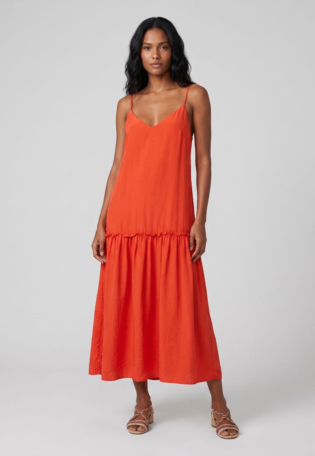 Vestido Feminino FARM Midi Babados Laranja