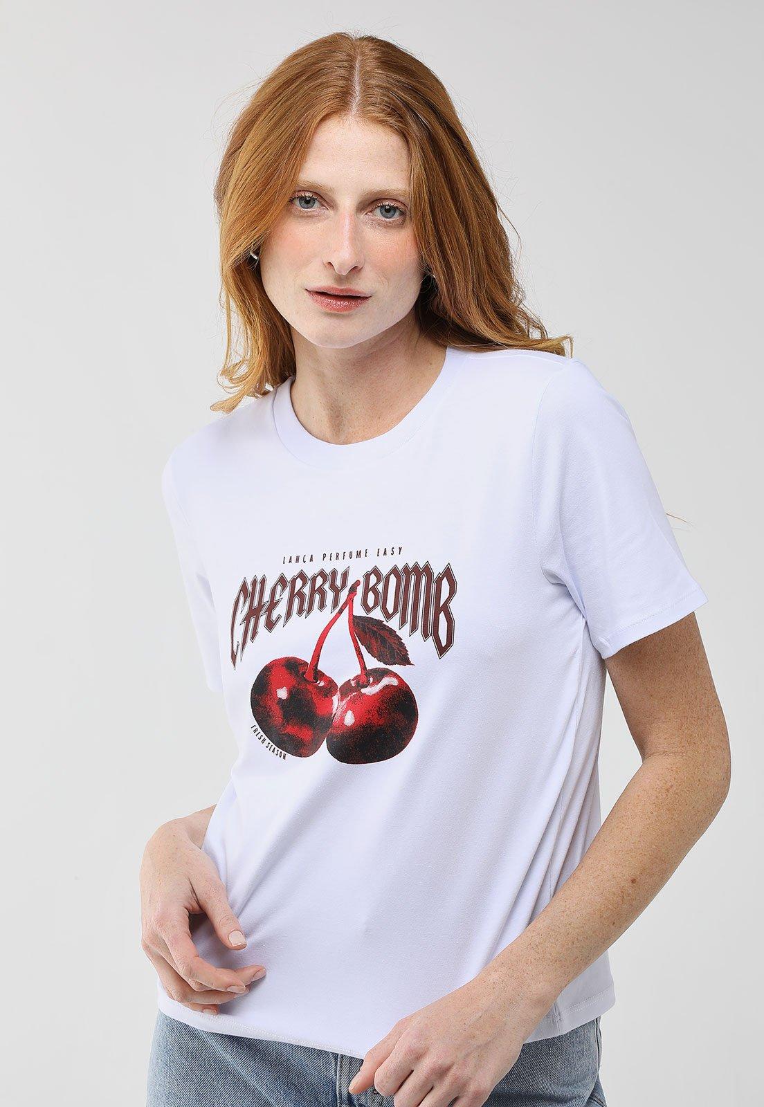 Camiseta Feminina Lança Perfume Estampa Cherry Bomb Branca