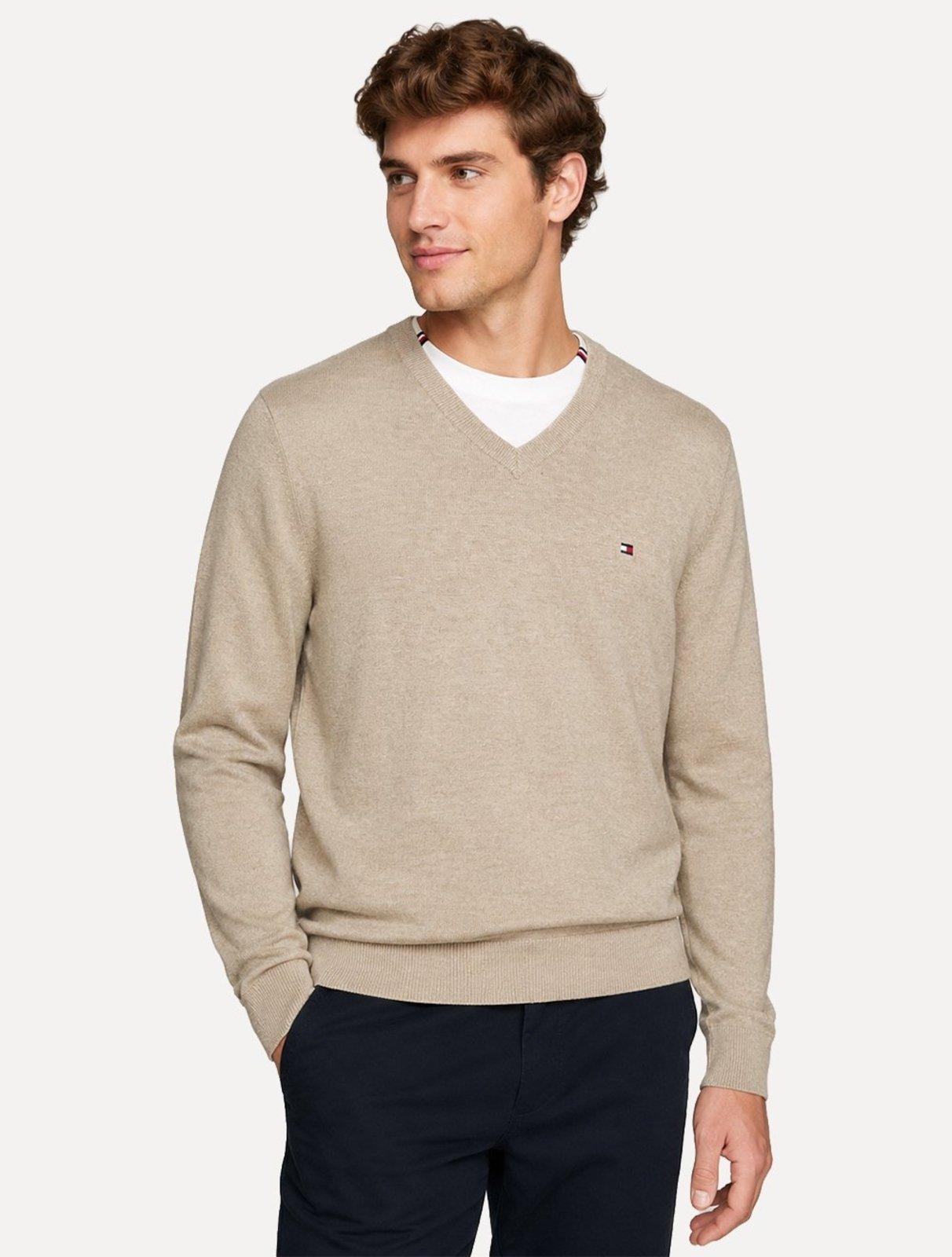 Suéter Tommy Hilfiger Masculino Signature V-Neck Cáqui Claro